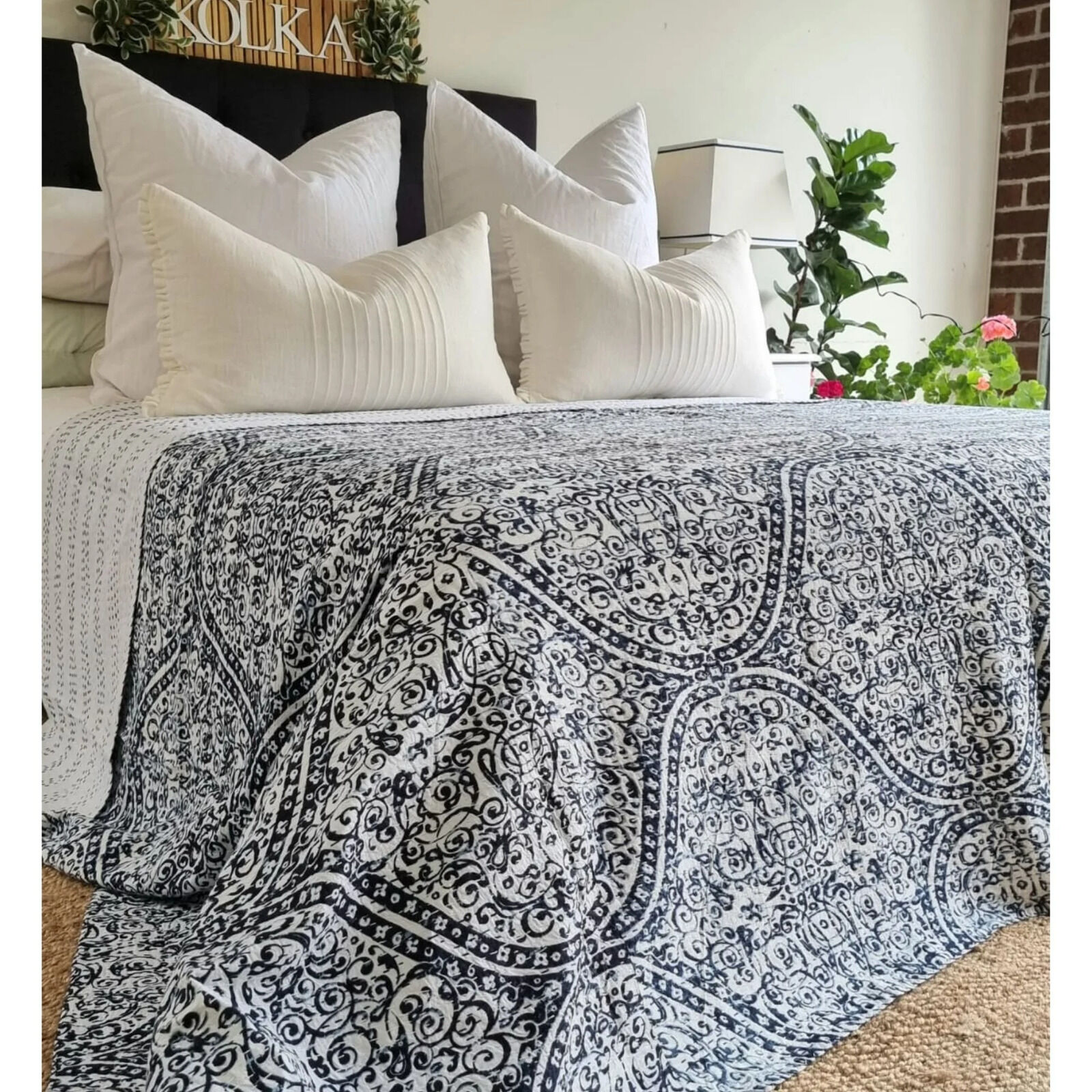 Boho Blue Kantha Bedspread Coverlet - Blue Price