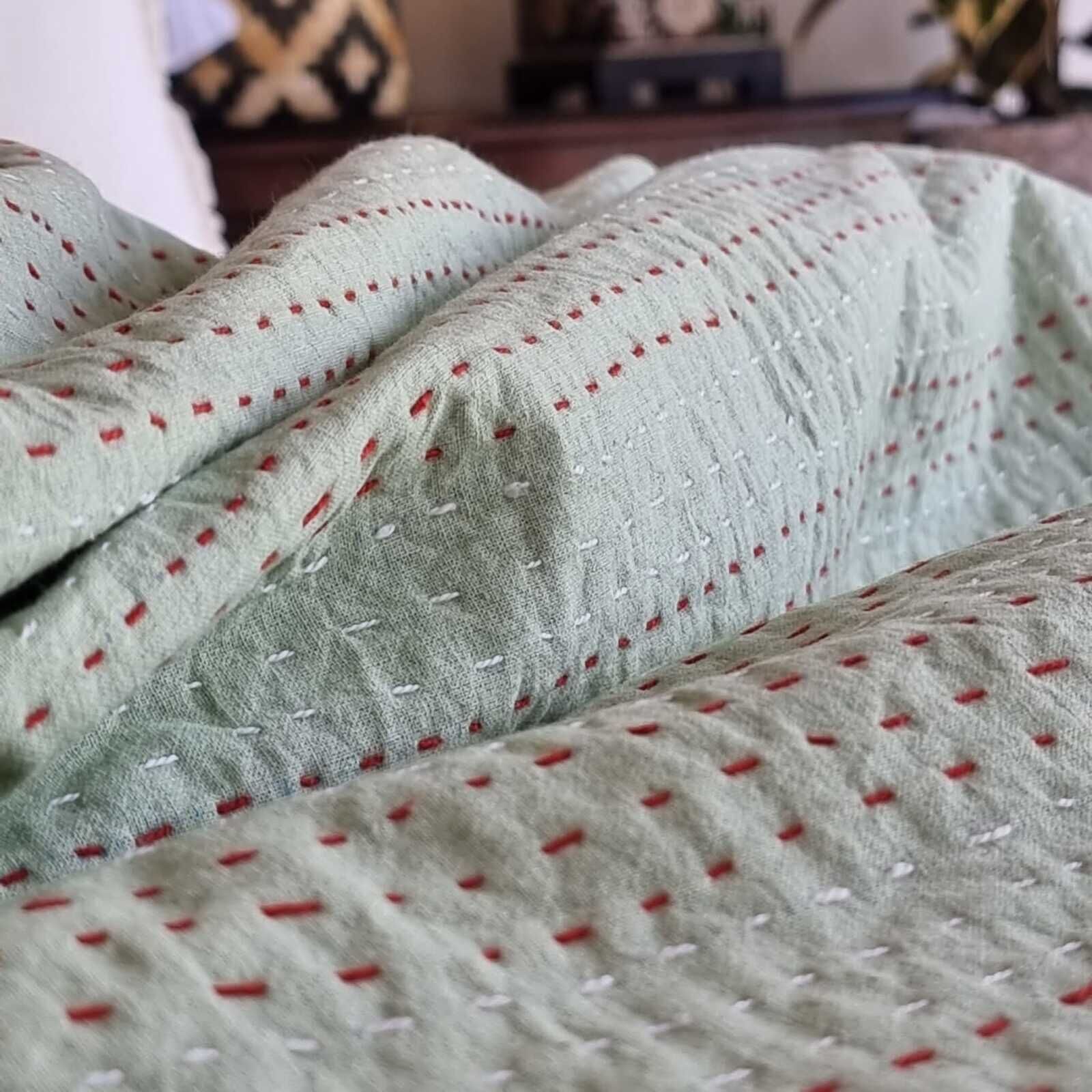 Green Berries Kantha Bedspread Coverlet - Green (King - 228 cm x 274 cm) Price