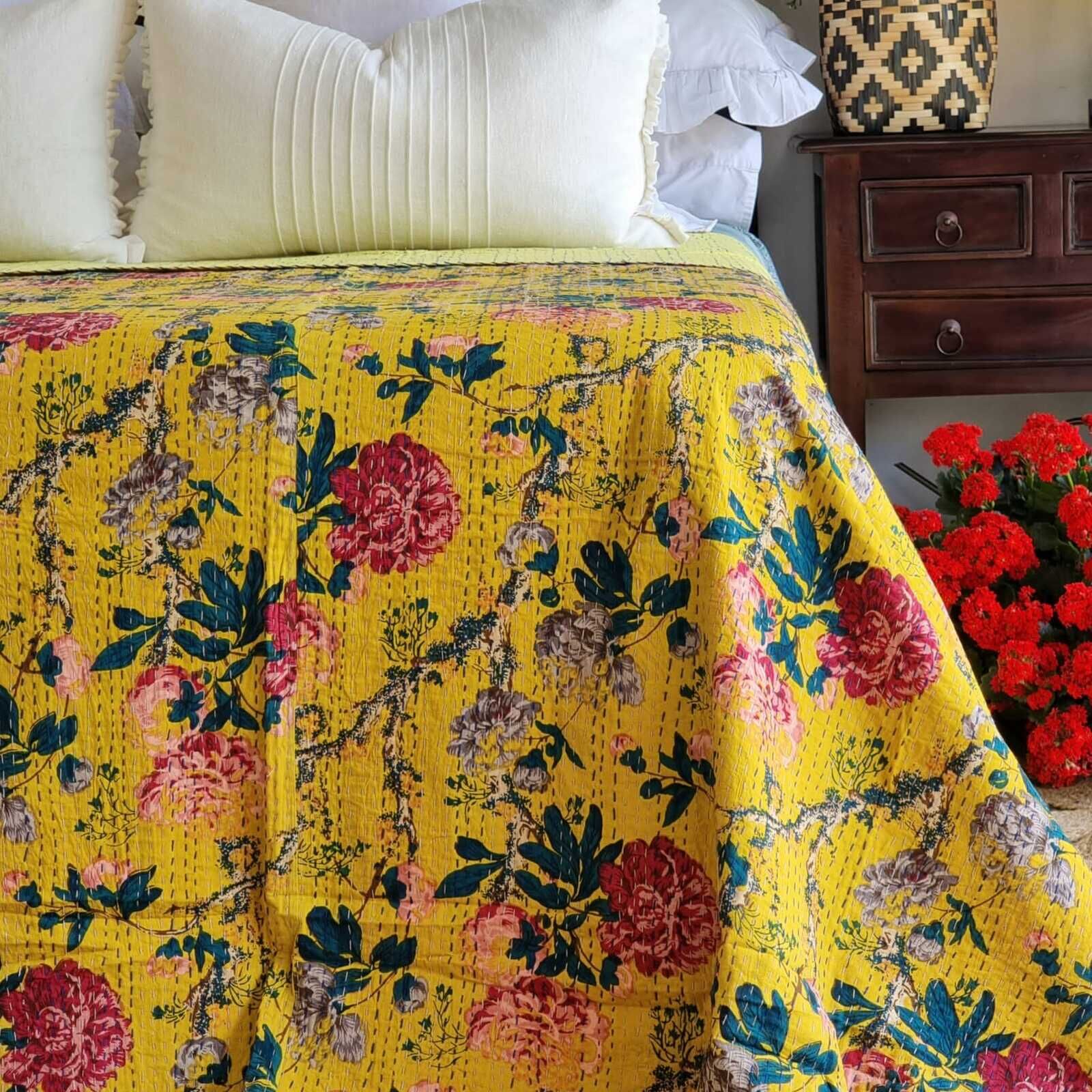 Mustard Peony Kantha Bedspread Coverlet - Mustard (King - 228 cm x 274 cm) Price