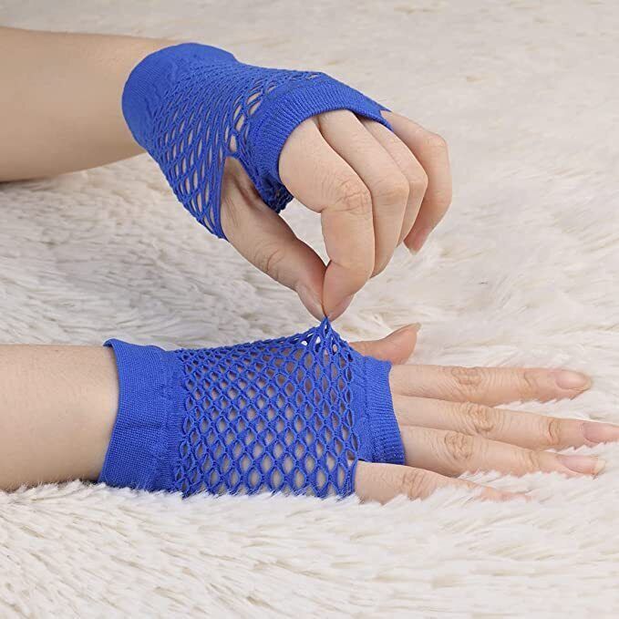 1 Pair Fishnet Gloves Fingerless Wrist Length 70s 80s Costume Party Dance - Blue Price