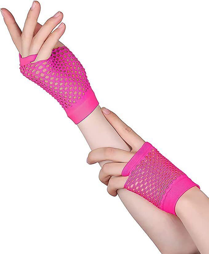 1 Pair Fishnet Gloves Fingerless Wrist Length 70s 80s Costume Party - Hot Pink Price