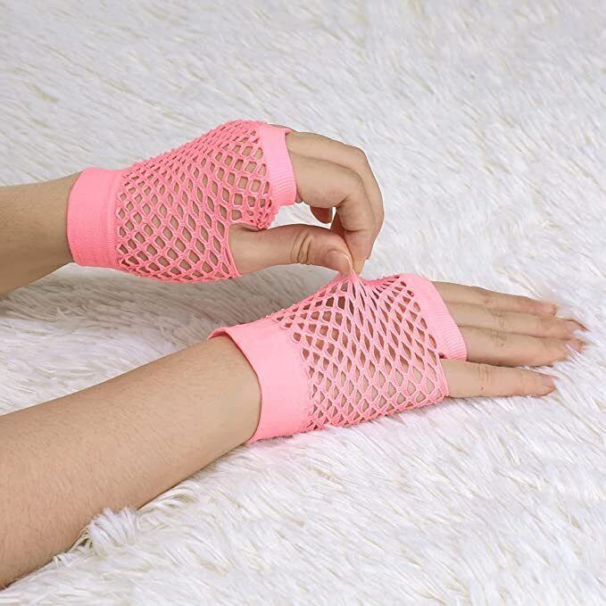 1 Pair Fishnet Gloves Fingerless Wrist Length 70s 80s Costume Party - Light Pink Price