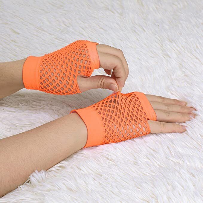 1 Pair Fishnet Gloves Fingerless Wrist Length 70s 80s Costume Party - Orange Price