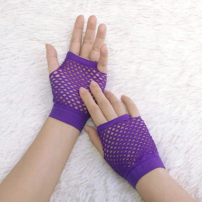 1 Pair Fishnet Gloves Fingerless Wrist Length 70s 80s Costume Party - Purple Price
