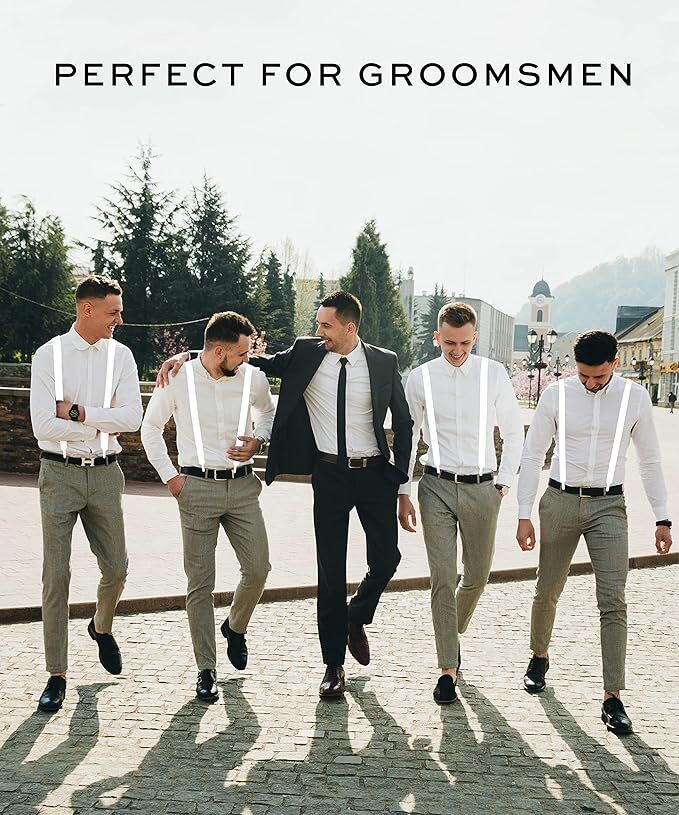 2x Mens Suspenders Braces Adjustable Strong Clip On Elastic Formal Wedding Slim - White Price
