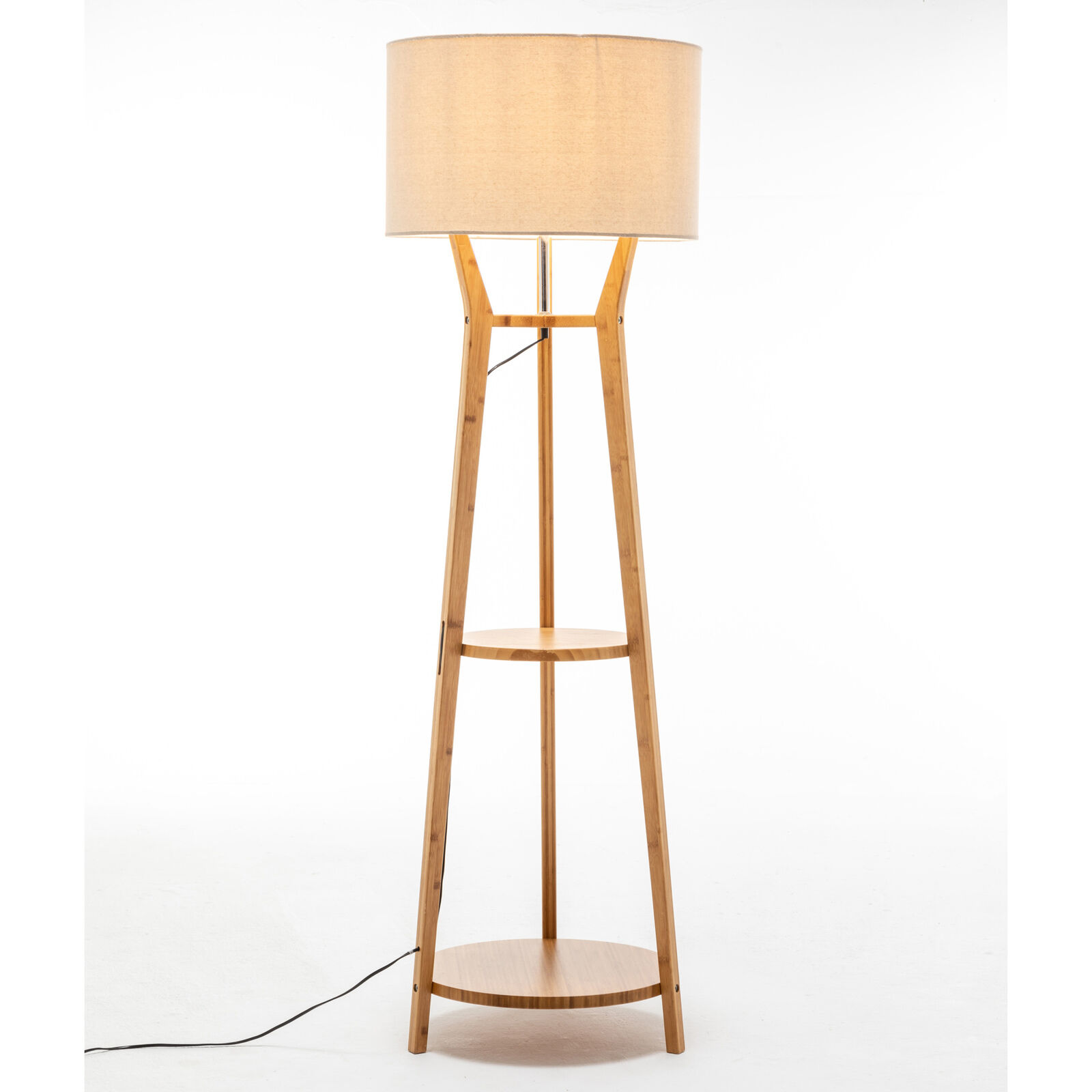 168cm Large Bamboo Wooden Tripod Floor Lamp Light Modern Linen Shade w Shelves Price