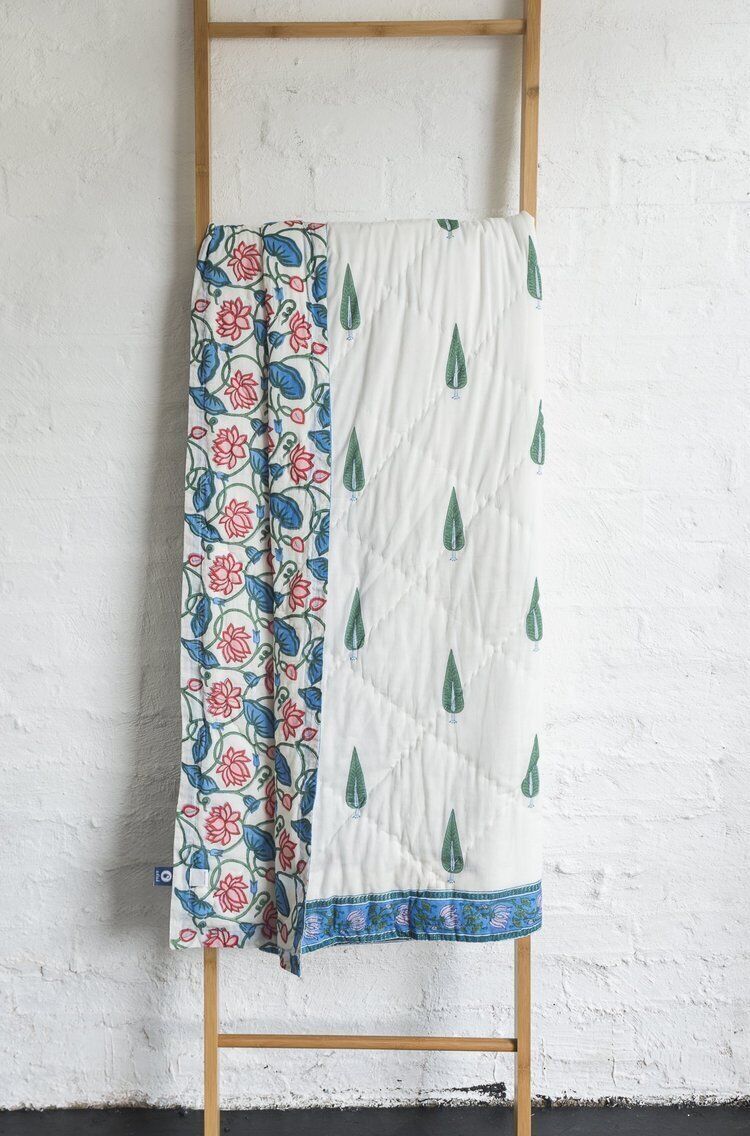 Kolka Kumudani Quilt 100% Cotton Lotus and Pines Print - Queen Size Price