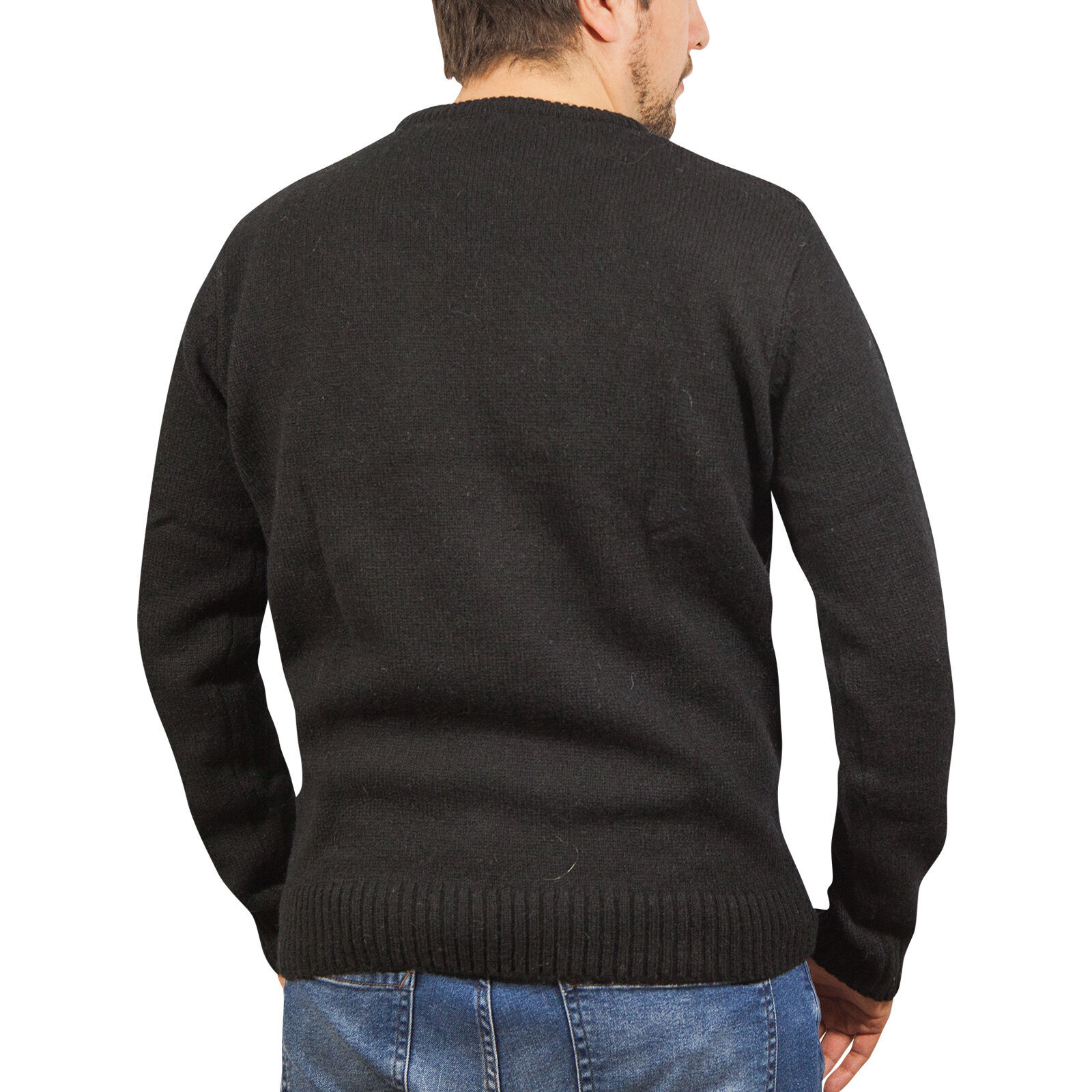 100% SHETLAND WOOL CREW Round Neck Knit JUMPER Pullover Mens Sweater Knitted - Plain Black - 6XL Price