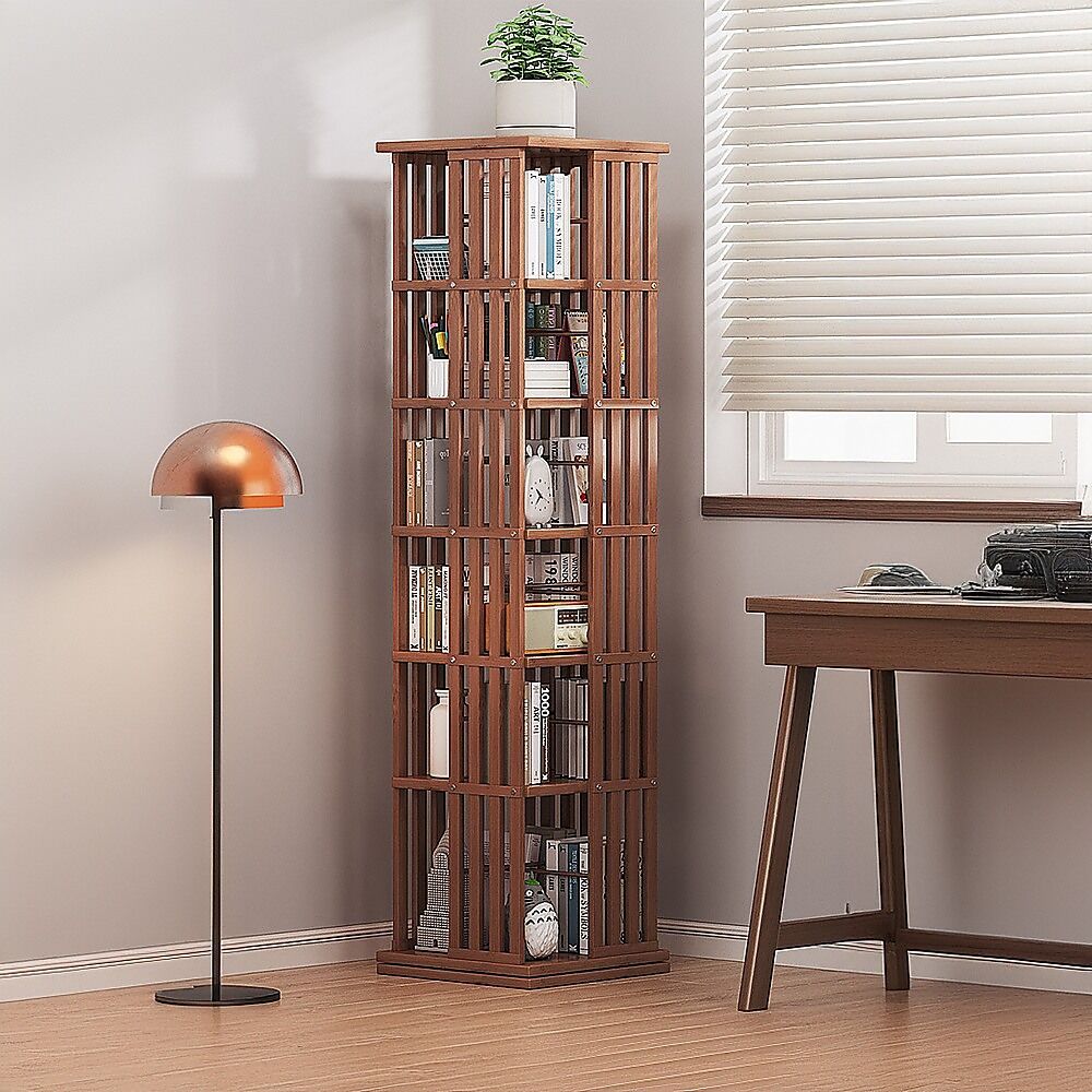 360 Rotating Bookshelf Bamboo Storage Display Rack Shelving in Dark Wood Price