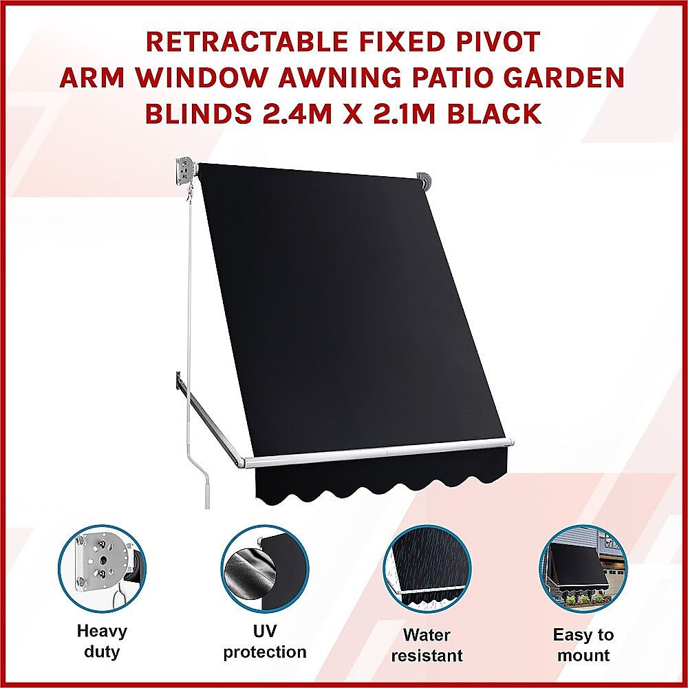 Retractable Fixed Pivot Arm Window Awning Patio Garden Blinds 2.4m x 2.1m Black Price