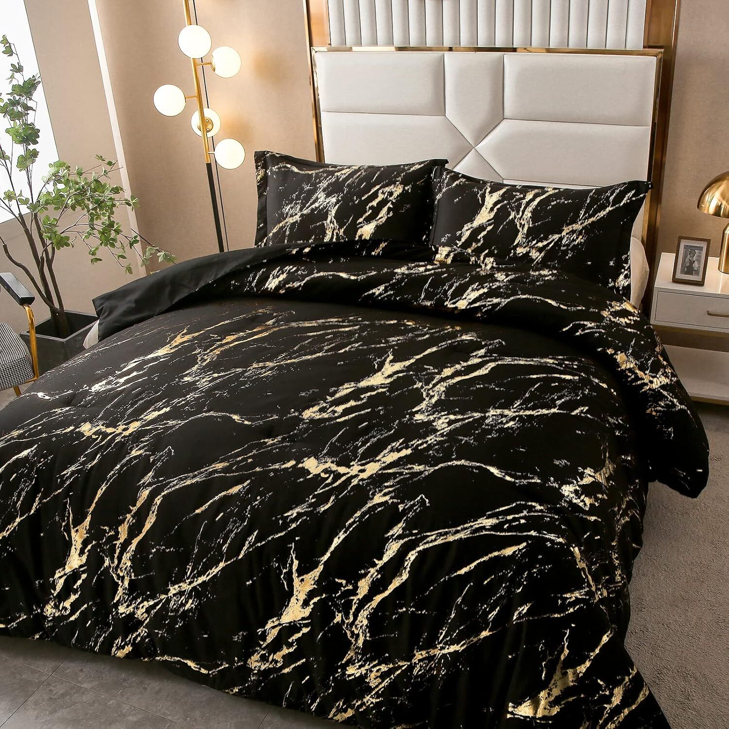 Black Gold Metallic Marble Comforter Set, Queen Size, Foil Print Glitter 3-Piece Bedding Price