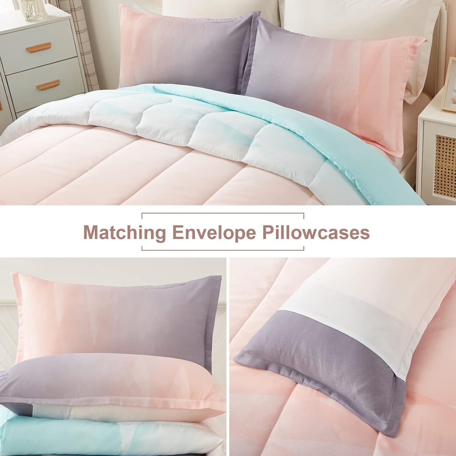 Girls Comforter Set, King Size, Ombre Blue Pink Rainbow 3-Piece Bedding Collection Price