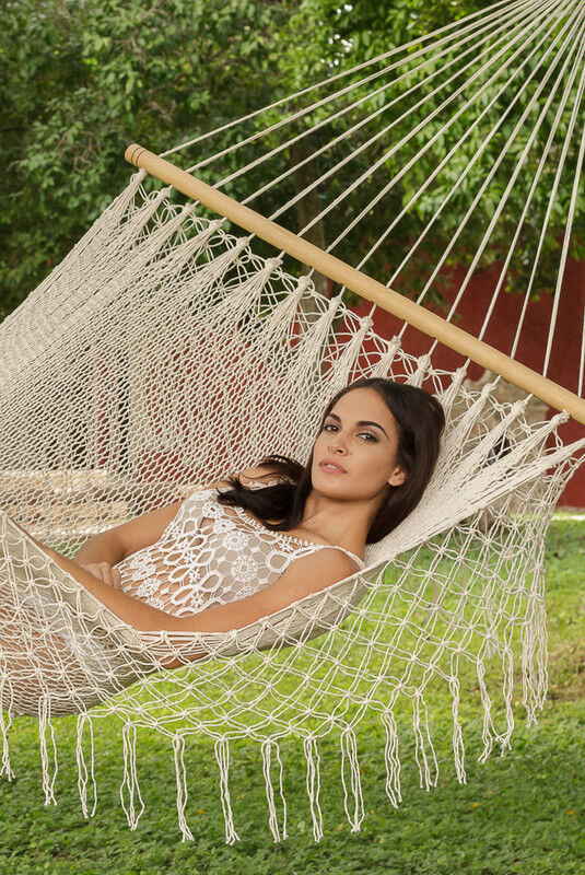 Mayan Legacy Queen Size Outdoor Cotton Mexican Resort Hammock With Fringe in Cream Colour Price