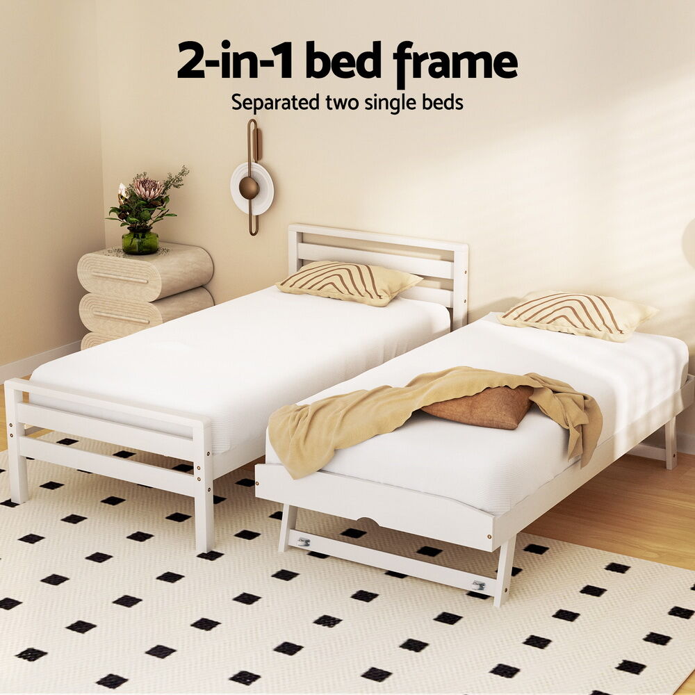 Artiss Bed Frame Single Size 2-in-1 Trundle Wooden White AVIS Price
