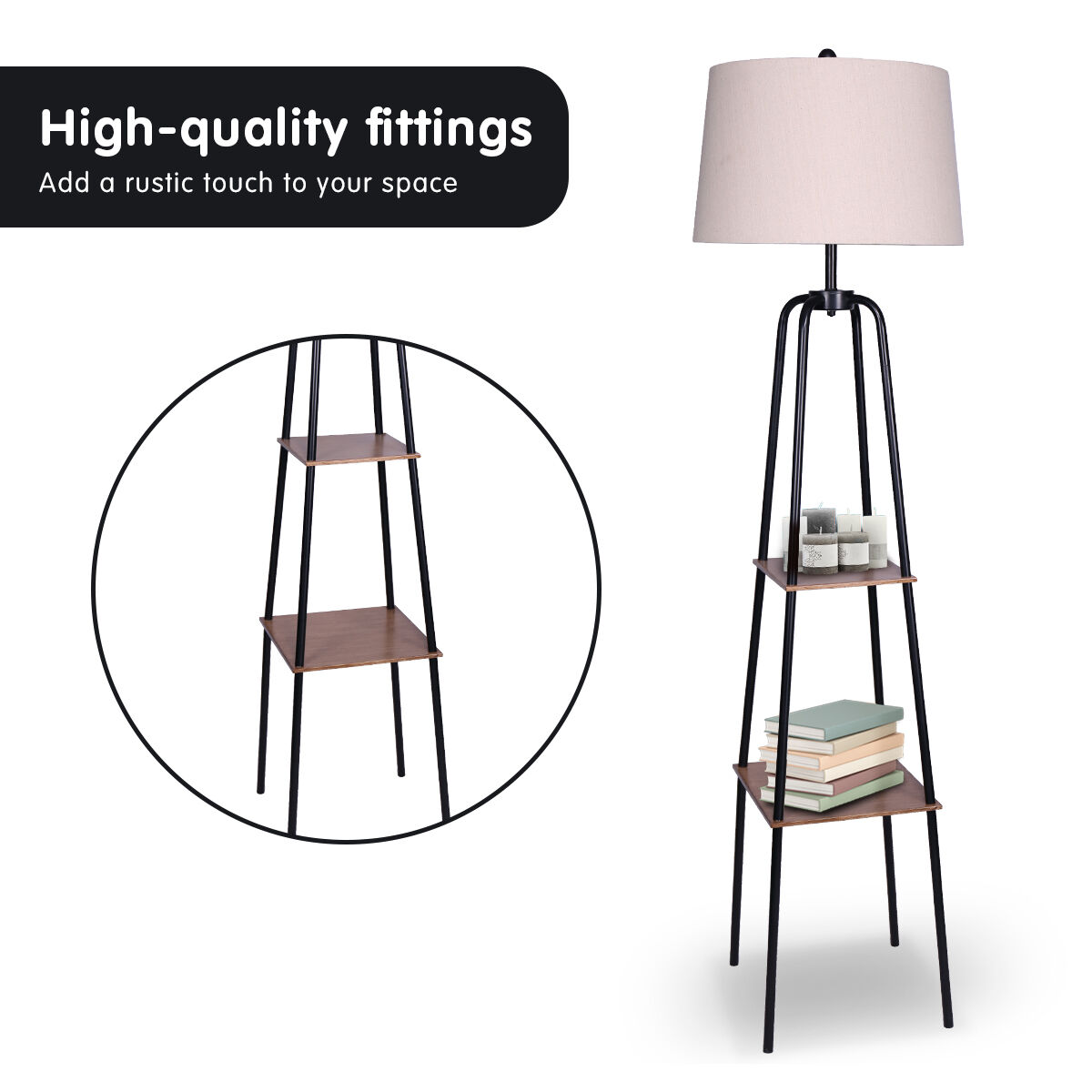 Sarantino Metal Etagere Floor Lamp Shade Metal Shelf in Wood Finish Price