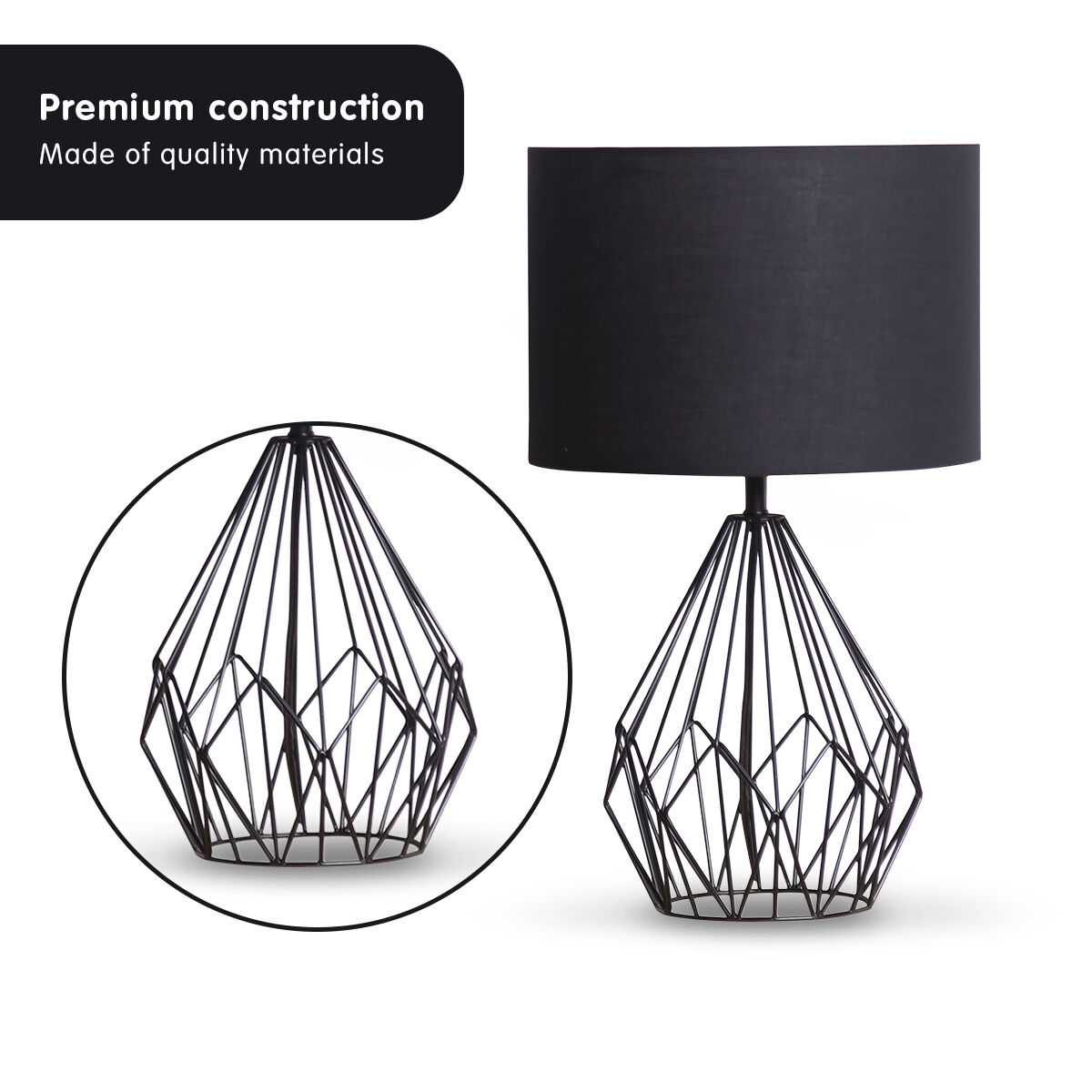 Sarantino Metal Wire Table Lamp in Black Finish With Black Drum Shade Price