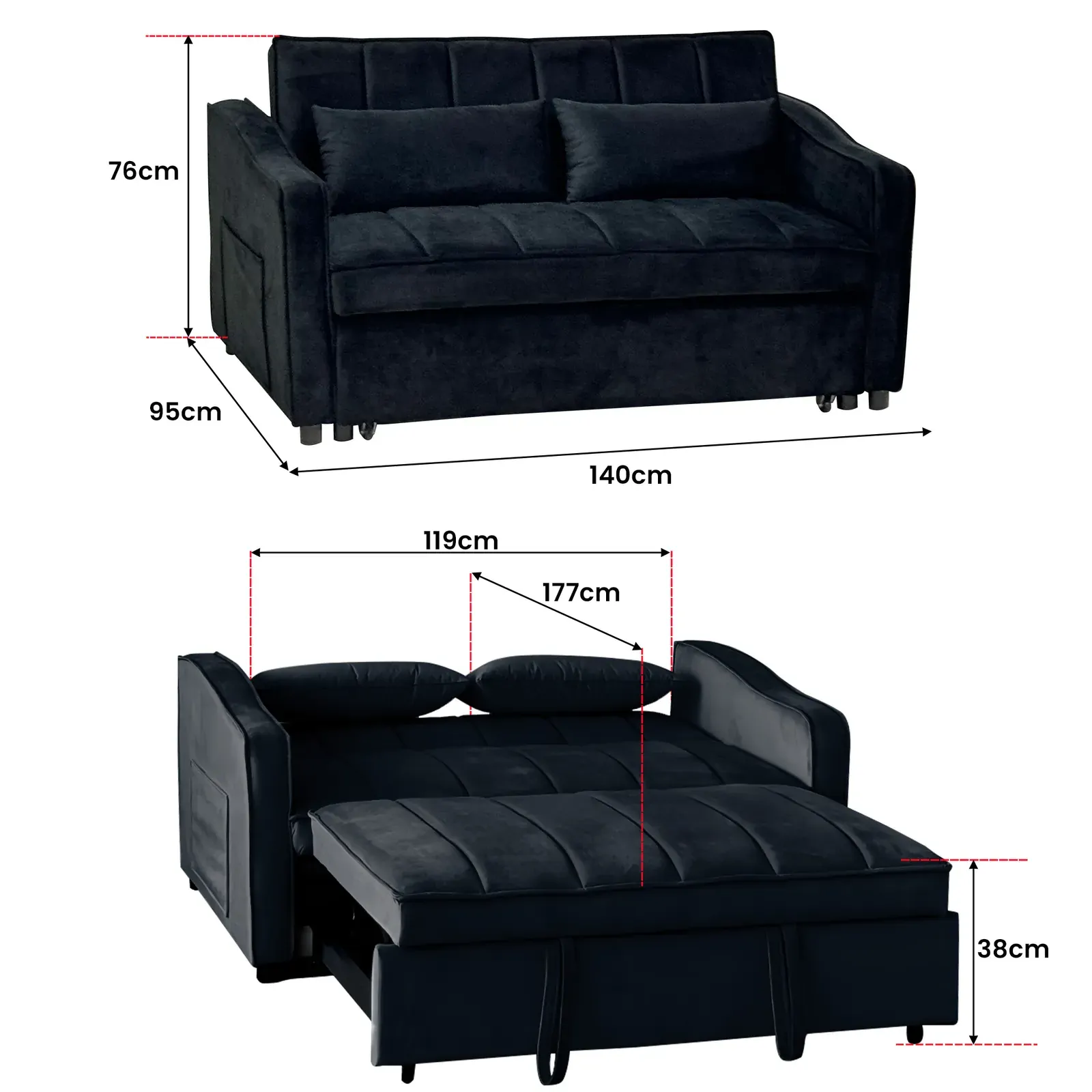 Sarantino Fenton Velvet 2-Seater Sofa Bed - Black Price
