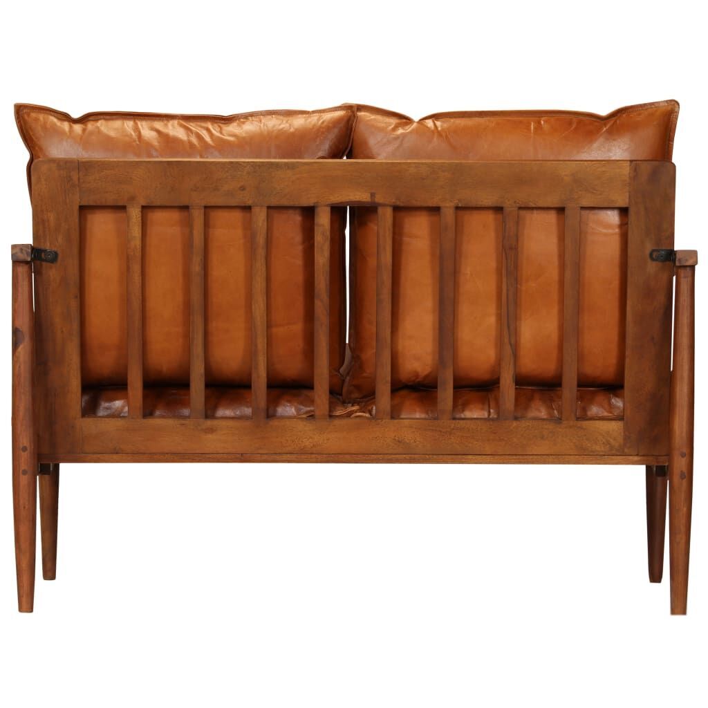 2-Seater Sofa Real Leather with Acacia Wood Brown Price