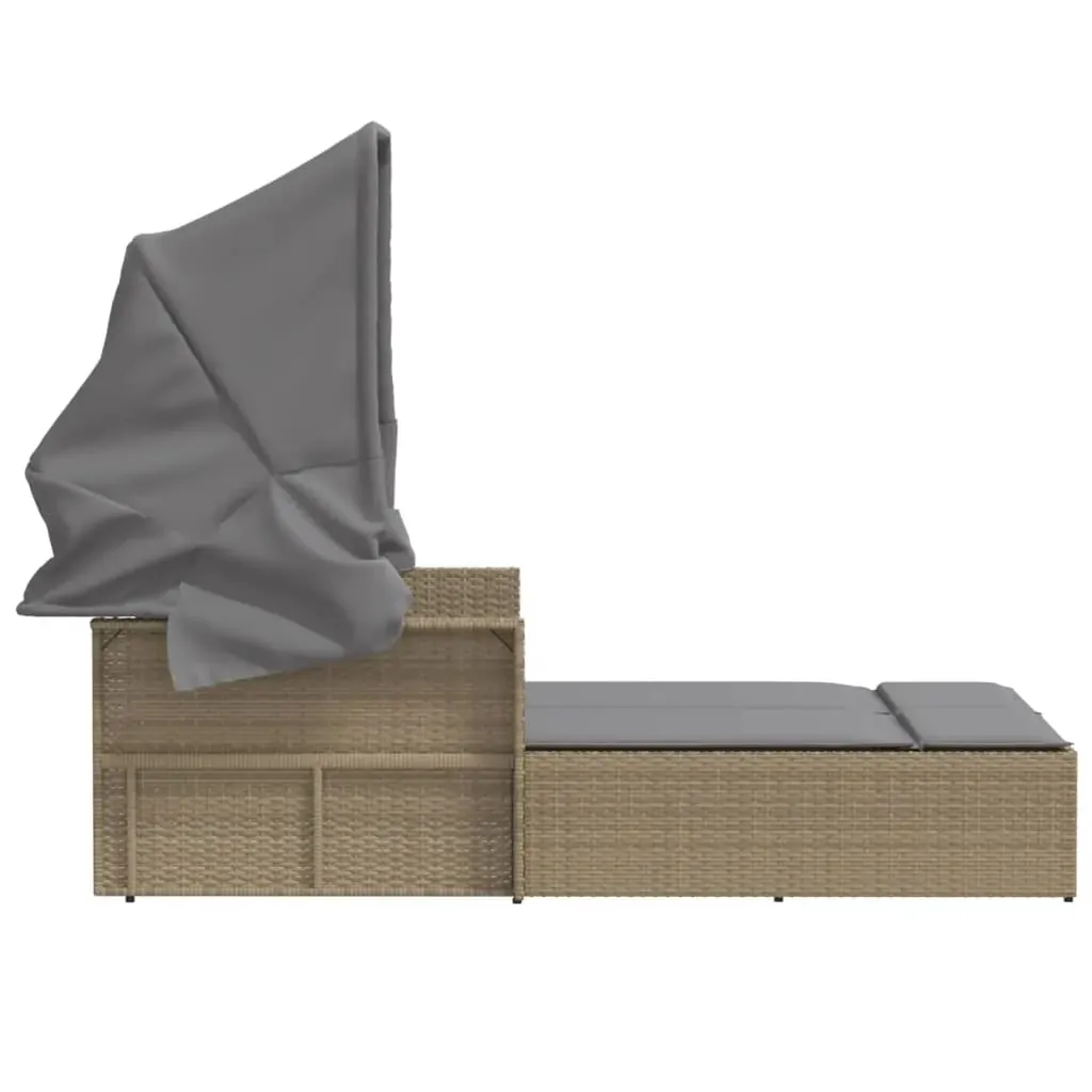 Double Sun Lounger with Canopy and Cushions Mix Beige Poly Rattan Price