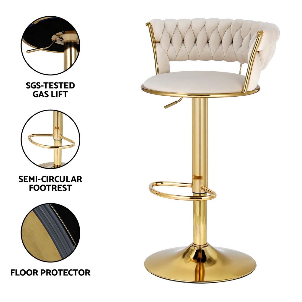 2x Bar Stools Gas Lift Velvet Woven Backrest Ivory Price