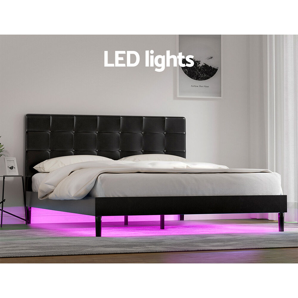 Bed Frame Queen Bed Base w LED Lights Charge Ports Black Leather RAVI Price