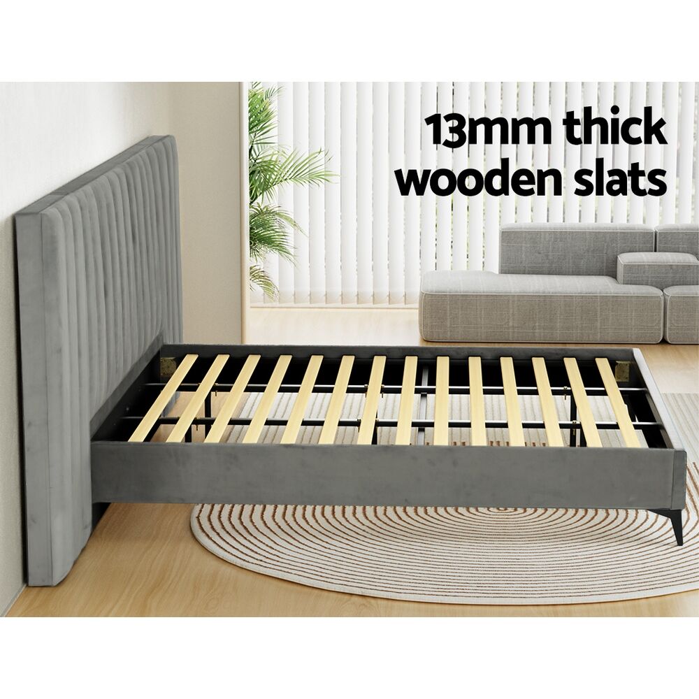 Bed Frame King Size Bed Base w Oversized Headboard Velvet Fabric Grey Price