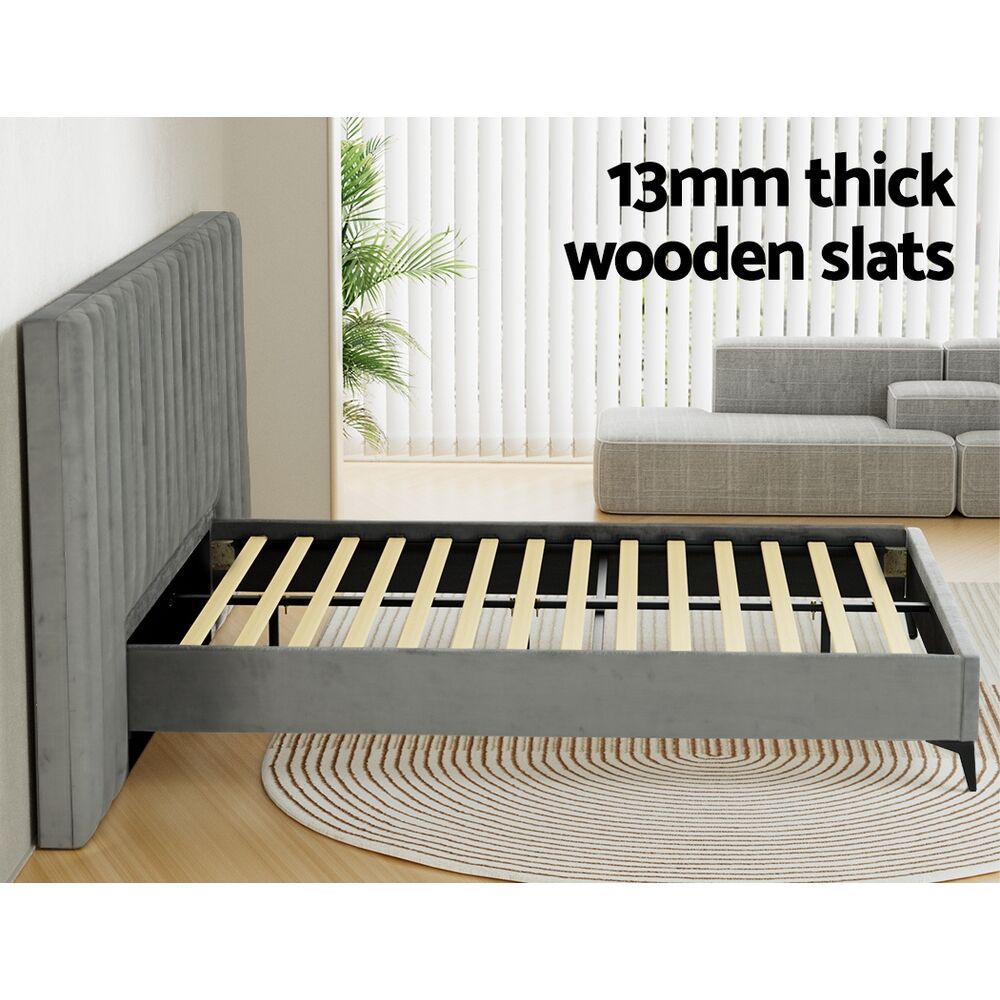 Bed Frame Queen Size Bed Base w Oversized Headboard Velvet Fabric Grey Price