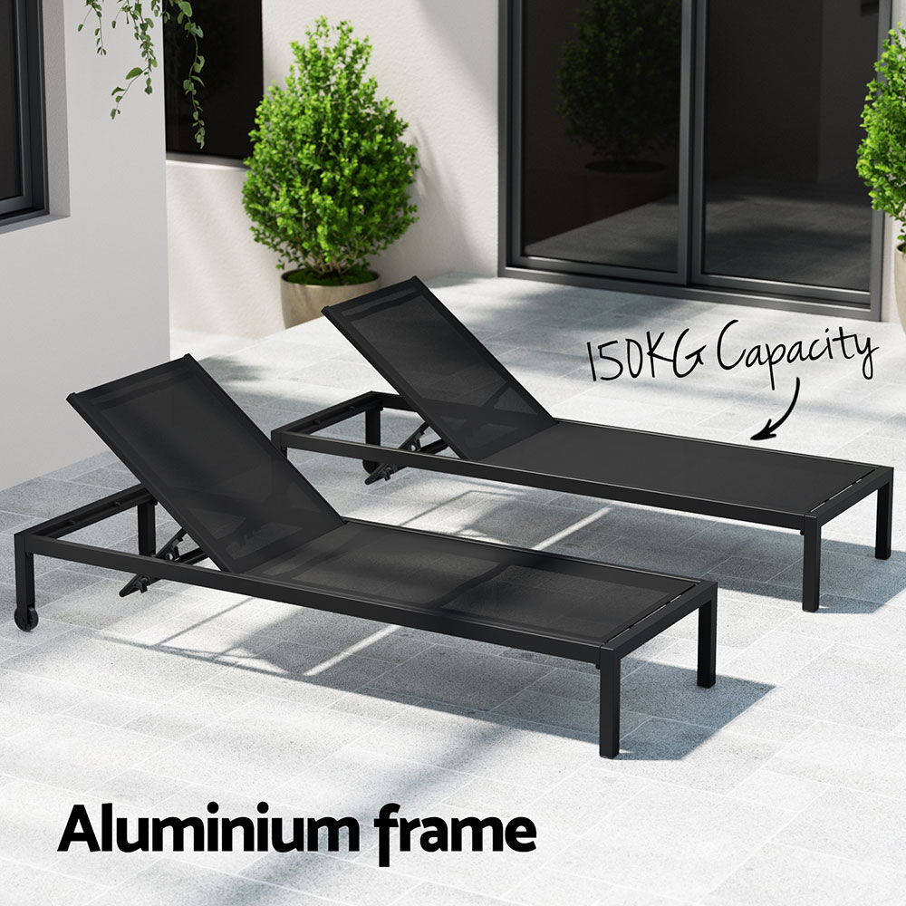 Gardeon Sun Lounge Outdoor Lounger Aluminium Folding Beach Chair Wheels Black Price