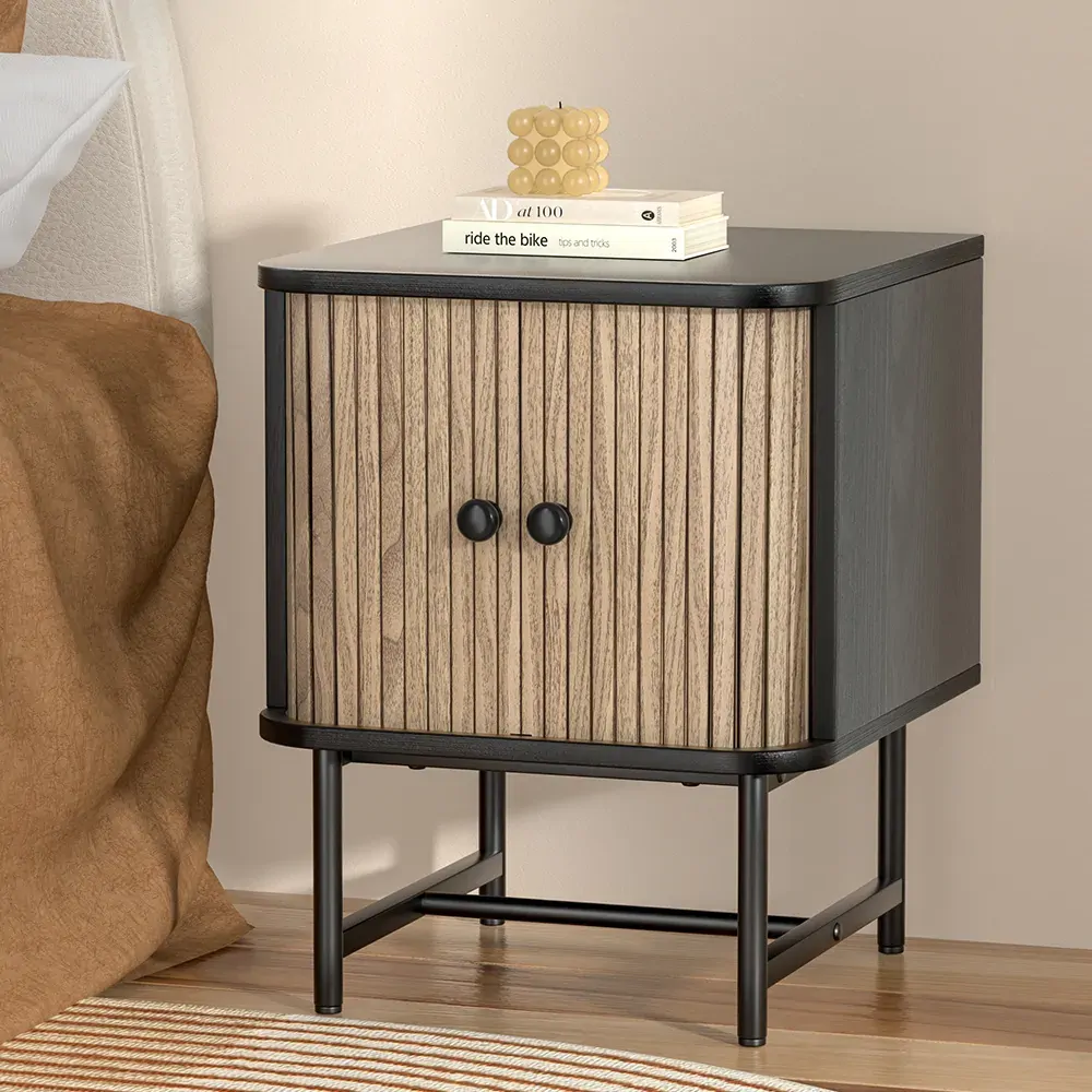 Bedside Table Side End Table Slidng Doors Storage Nightstand Black BORIS Price