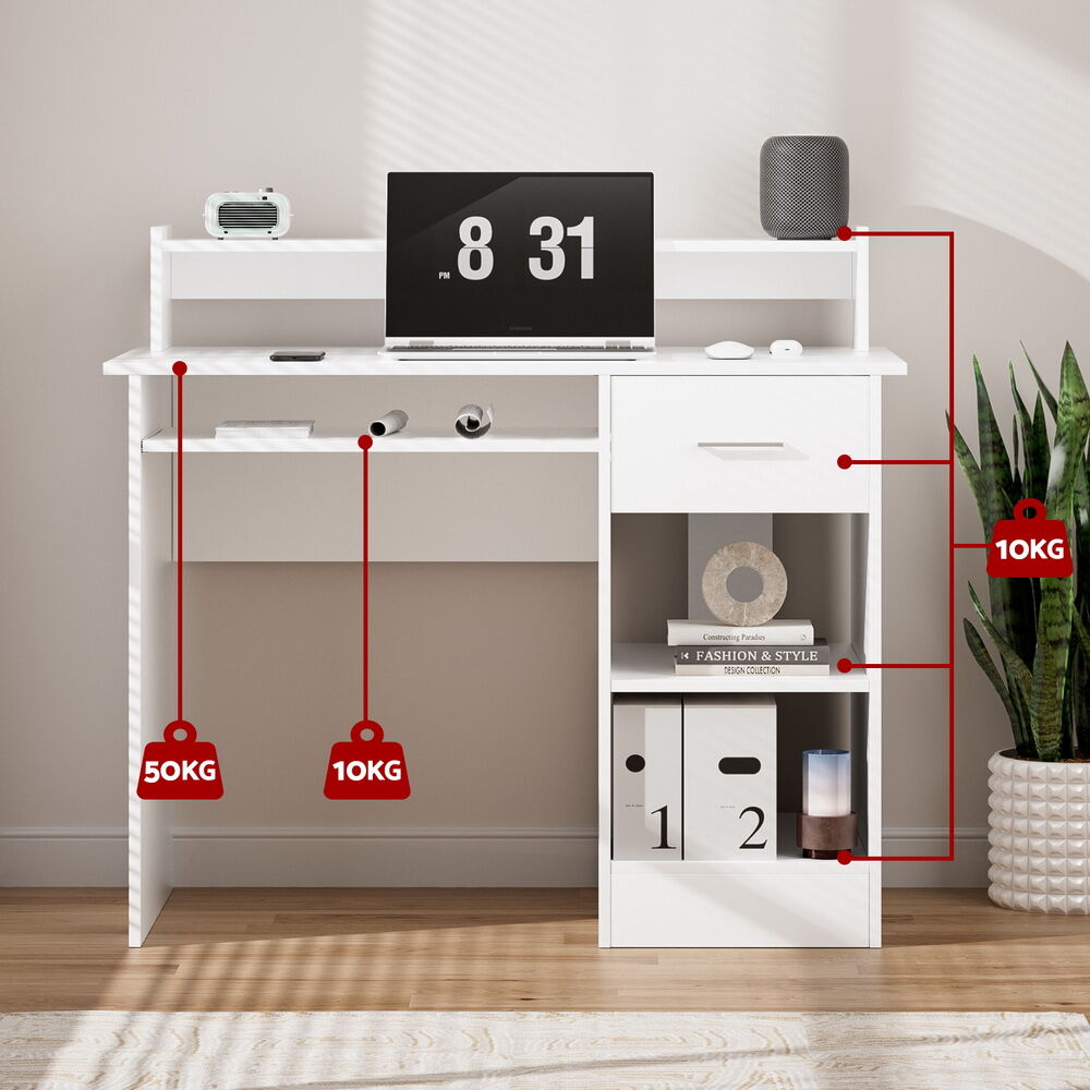Computer Desk Shelf Drawer Cabinet White 100CM Price