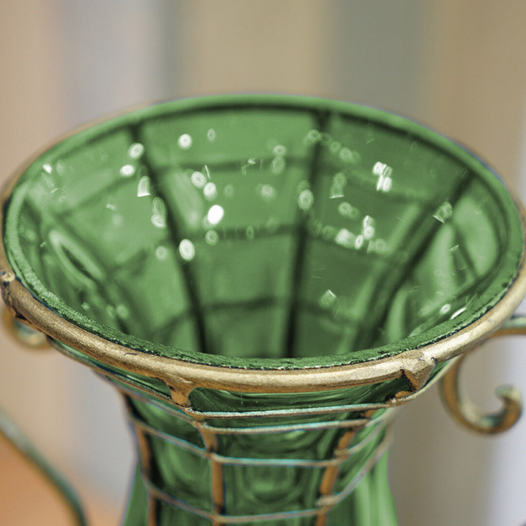 green colored european glass flower vase solid base with two gold metal handle Price