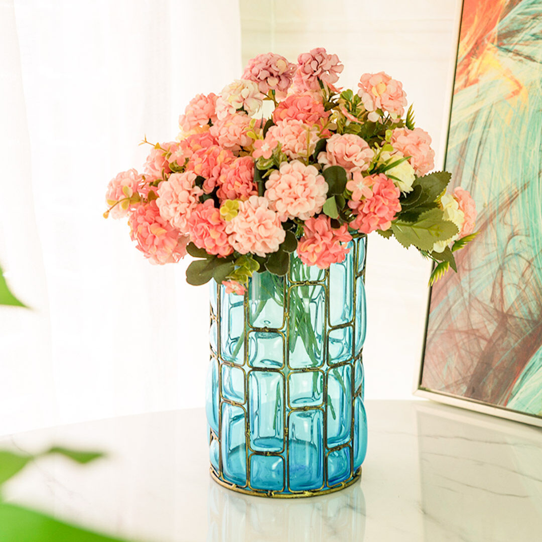 blue colored european glass cylinder flower vase with gold metal pattern Price