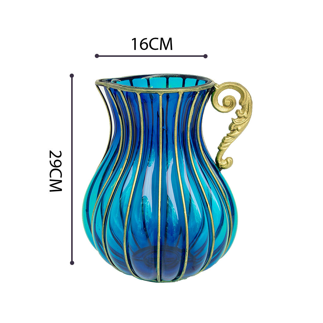 blue european colored glass home decor jar flower vase with metal handle Price