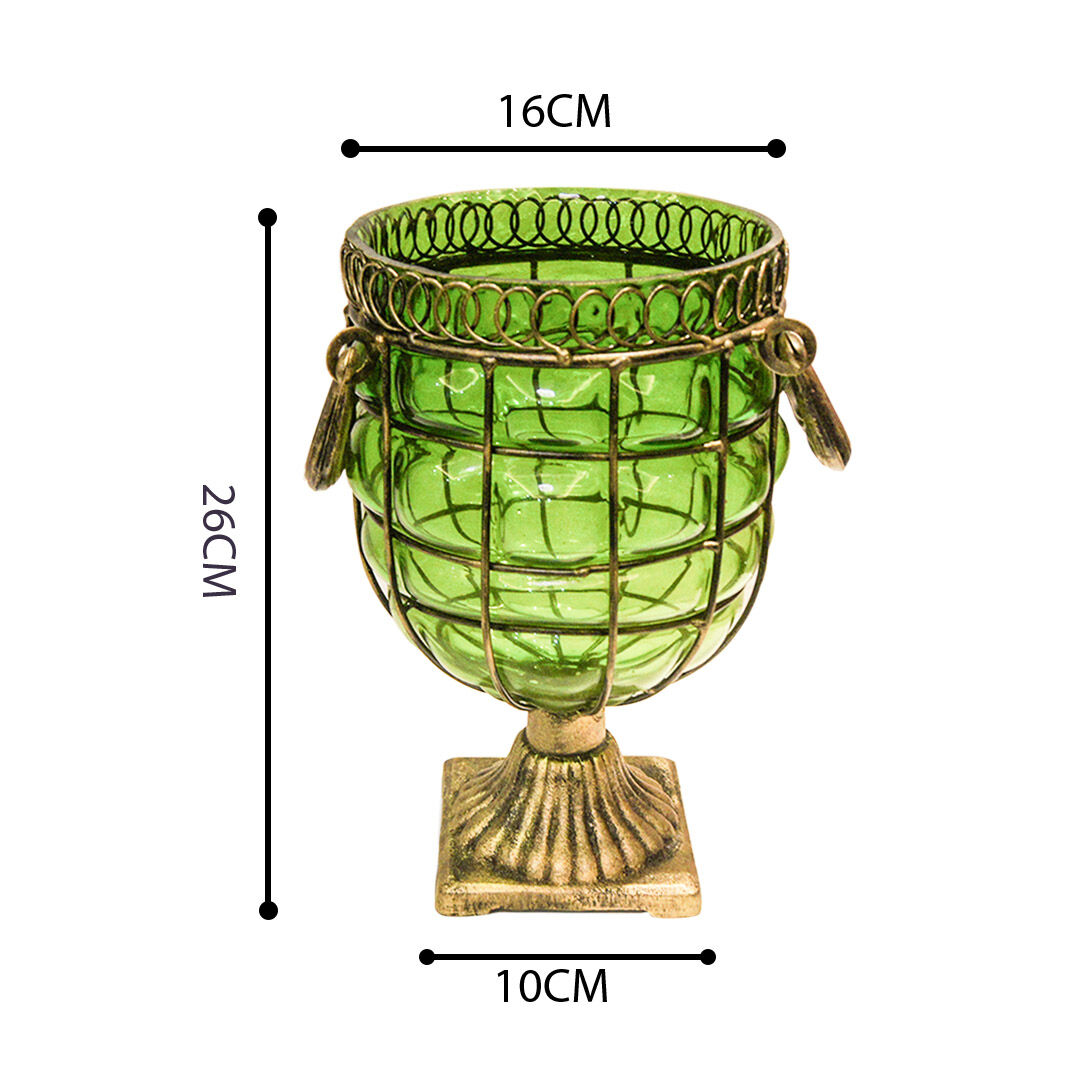 Green Colored European Glass Jar Flower Vase Solid Base with Metal Handle Price