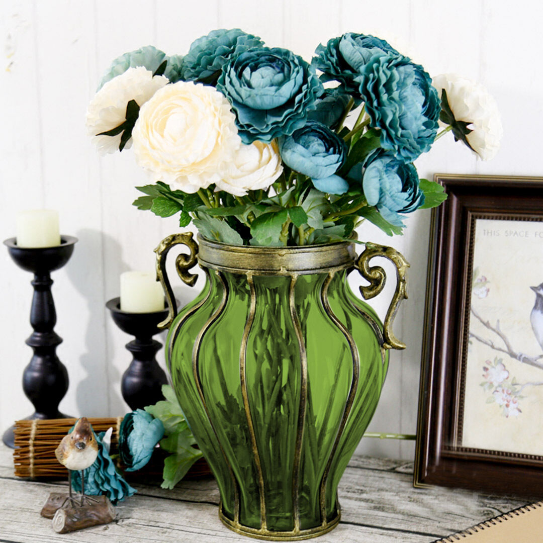 Colored European Glass Home Decor Flower Vase with Two Metal Handle Price