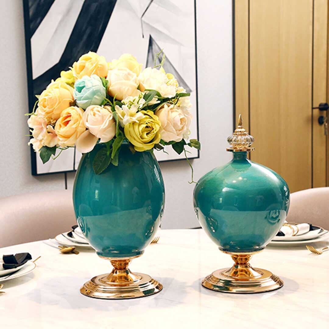 3x Ceramic Oval Flower Vase with Blue Flower Set Price