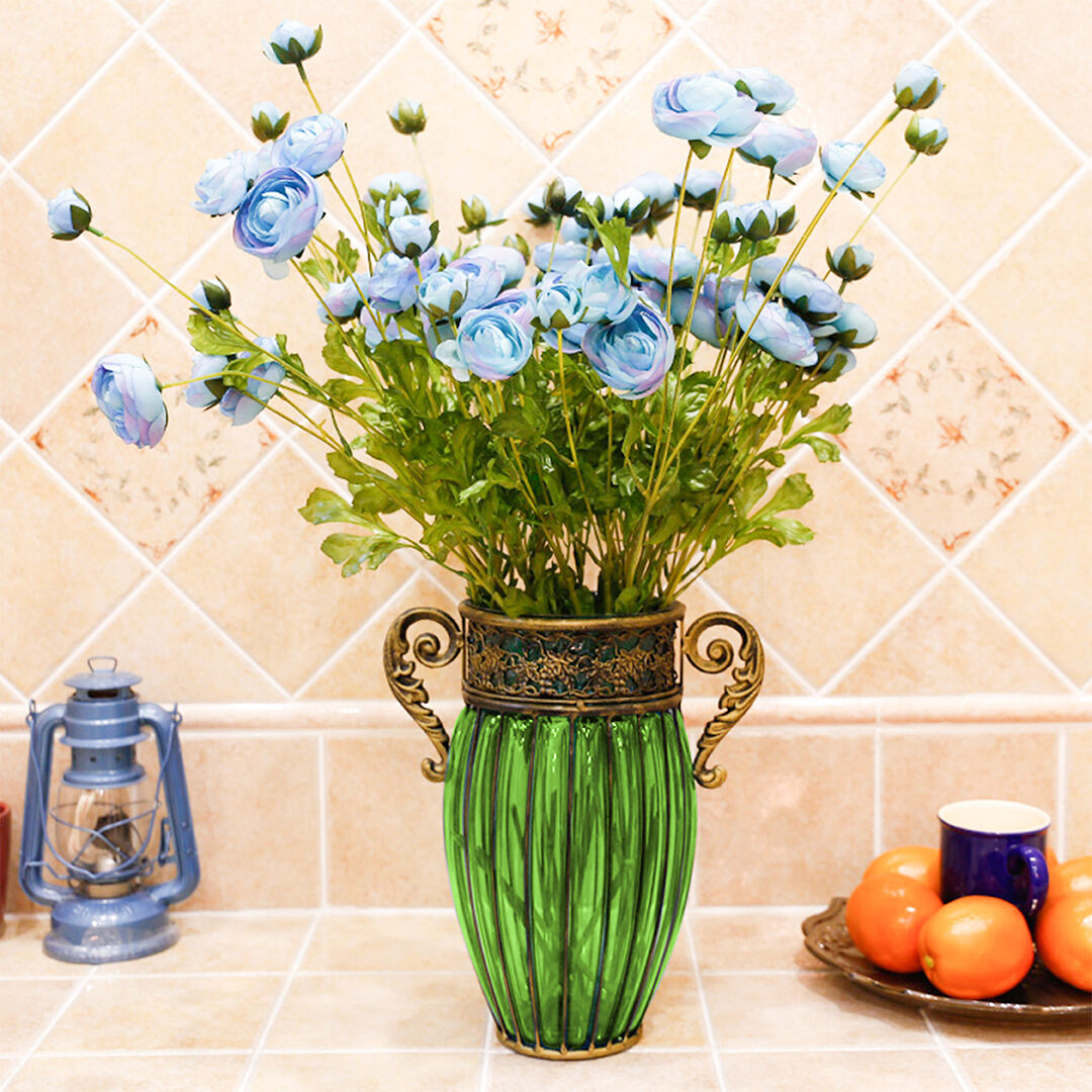 European Colored Glass Home Decor Jar Flower Vase with Two Metal Handle Price