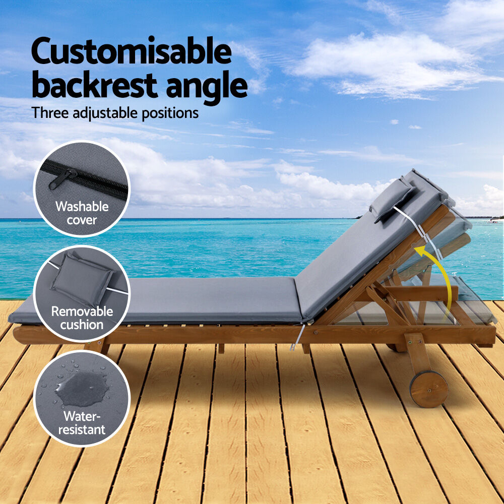 Gardeon Sun Lounge Wooden Lounger Outdoor Furniture Day Bed Wheels Patio Grey Price