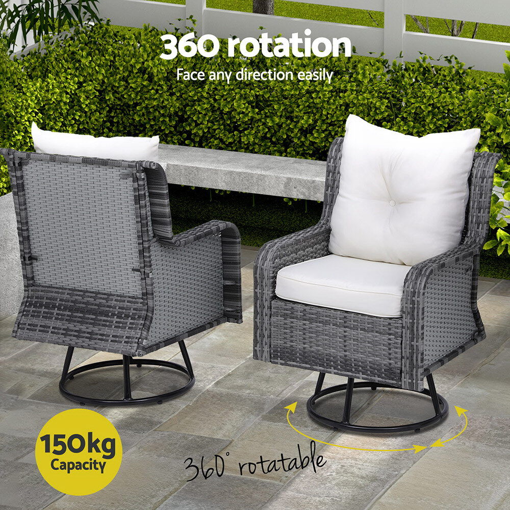 Gardeon 3PC Outdoor Furniture Bistro Set Lounge Wicker Swivel Chairs Table Cushion Grey Price