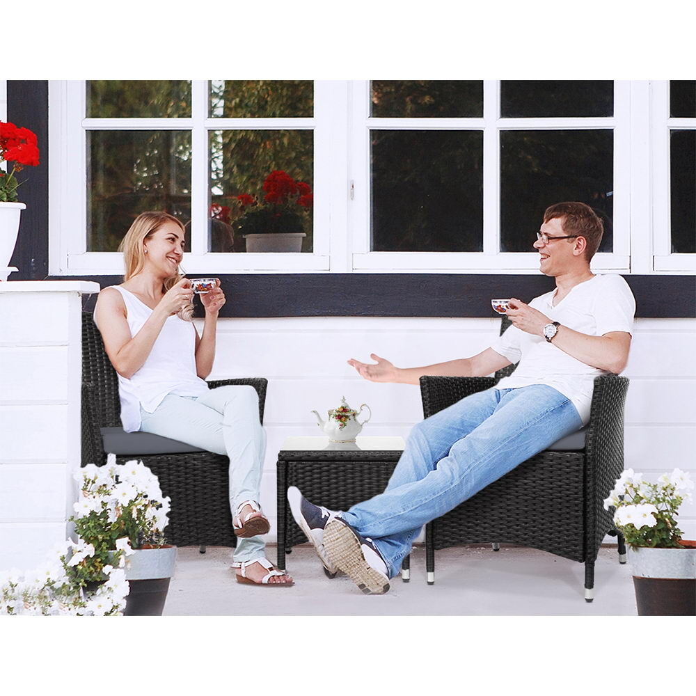 Gardeon 3PC Outdoor Bistro Set Patio Furniture Wicker Setting Chairs Table Cushion Black Price