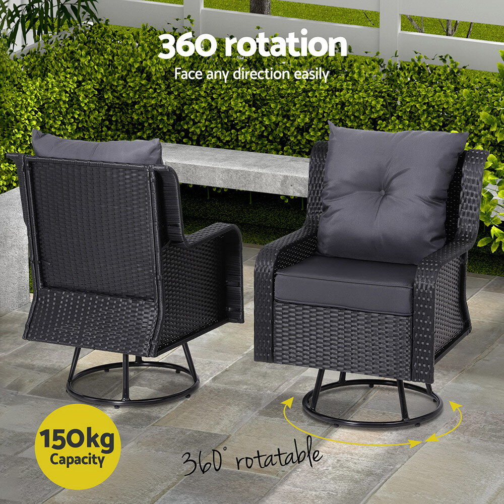 Gardeon 3PC Outdoor Furniture Bistro Set Lounge Wicker Swivel Chairs Table Cushion Black Price