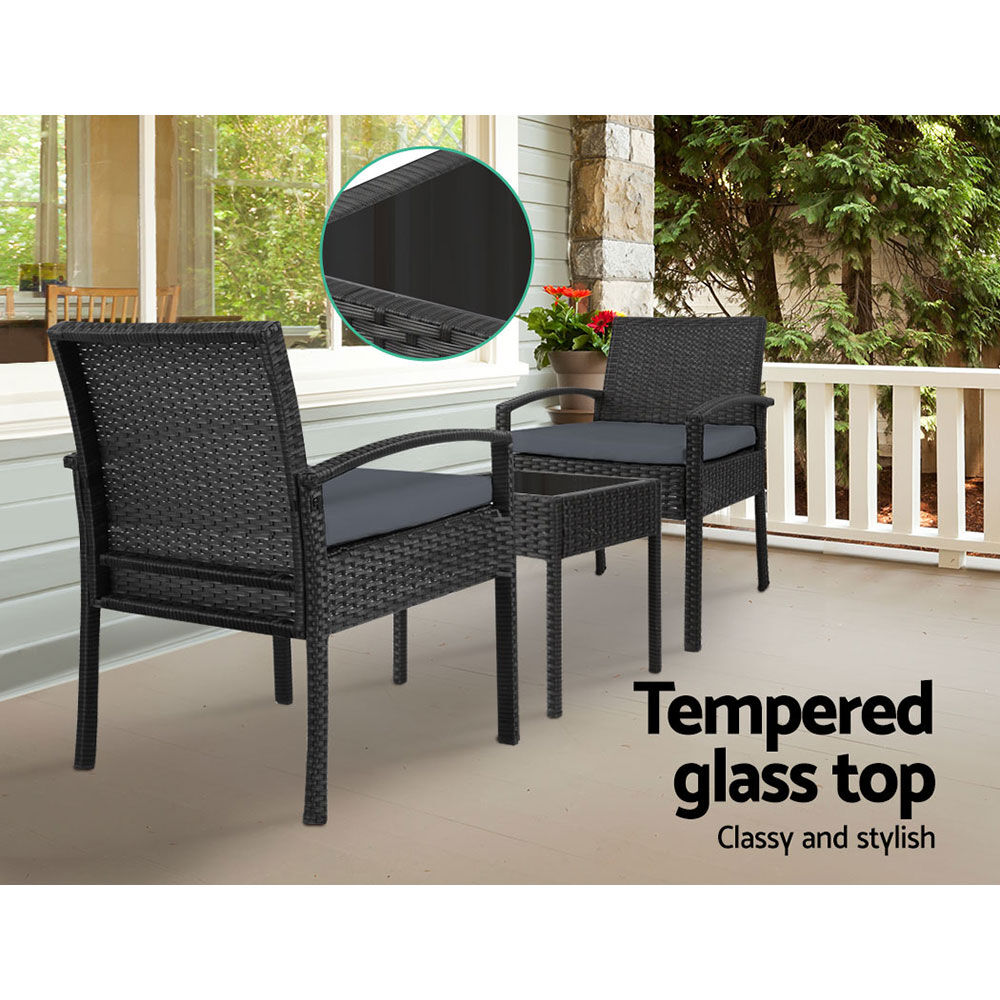 Gardeon 3PC Patio Furniture Bistro Set Wicker Outdoor Lounge Setting Black Price