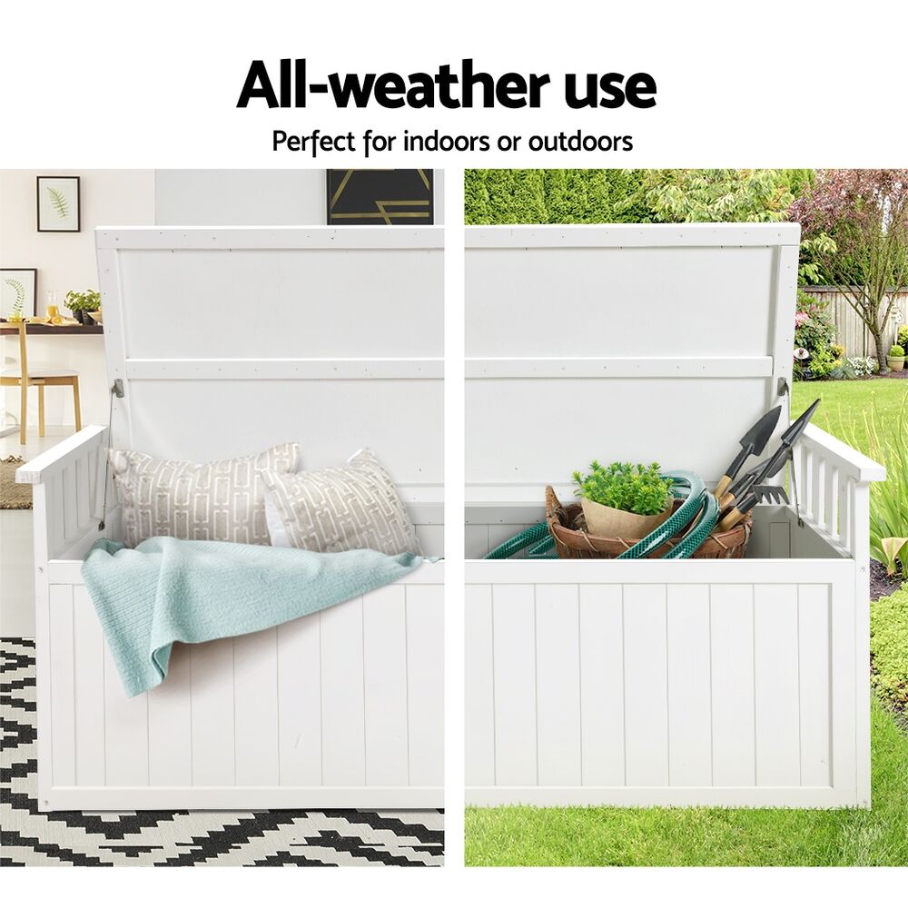 Gardeon Outdoor Storage Bench Box 129cm Wooden Garden Toy Chest Sheds Patio Furniture XL White Price