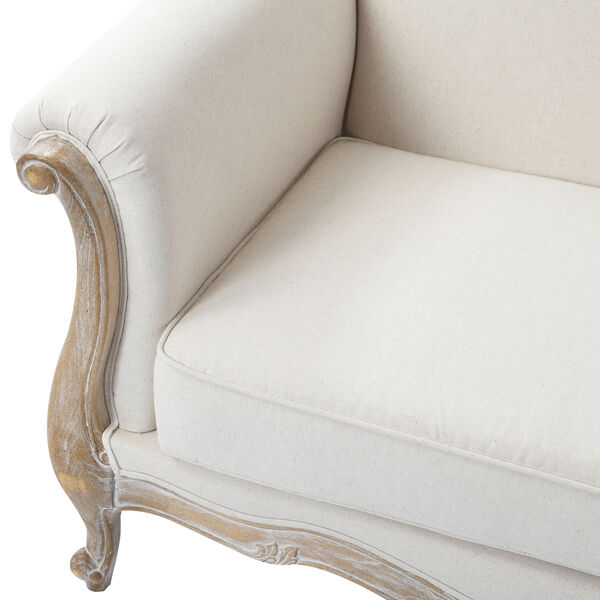 Oak Wood White Washed Finish Rolled Armrest 2 Seater Sofa Linen Fabric Price