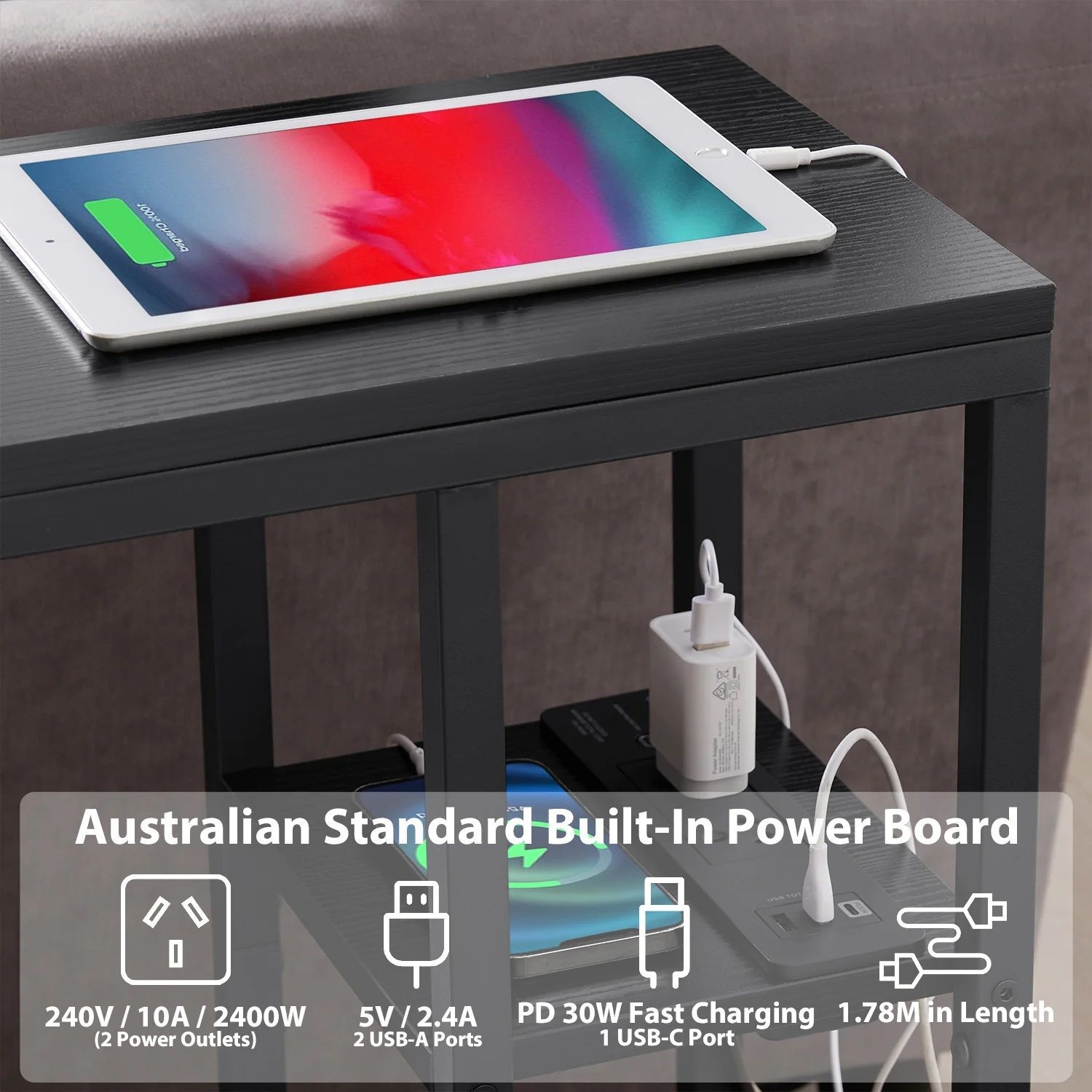 E-Shaped Sofa Side Table with Power Board, Black Price