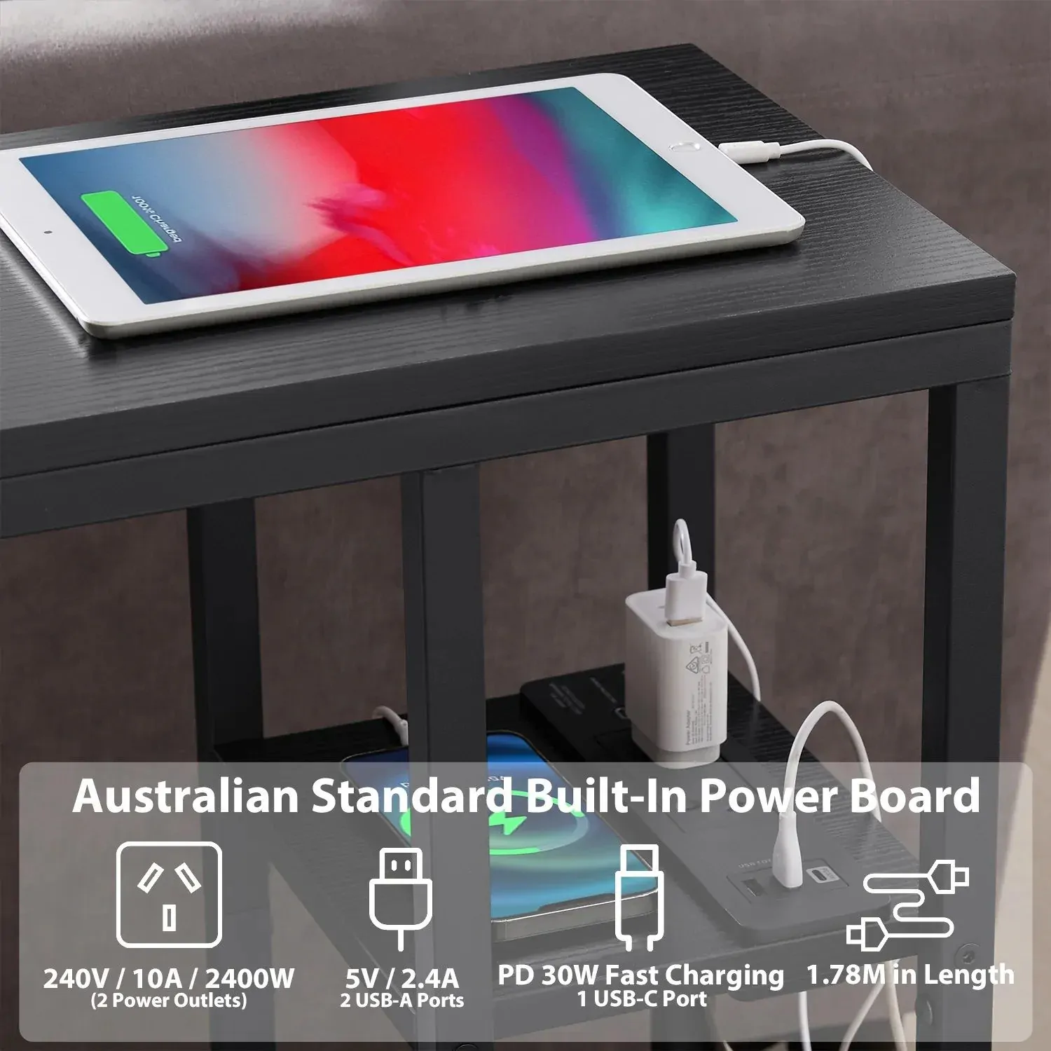 E-Shaped Sofa Side Table with Power Board, Black Price
