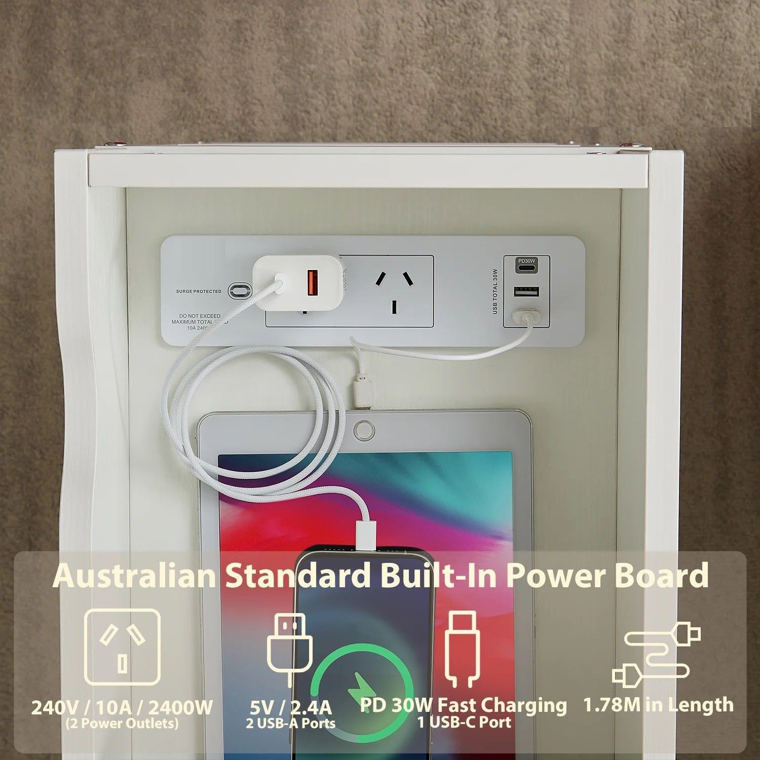 Multi-Tier Bedside Table with Powerboard, White Price