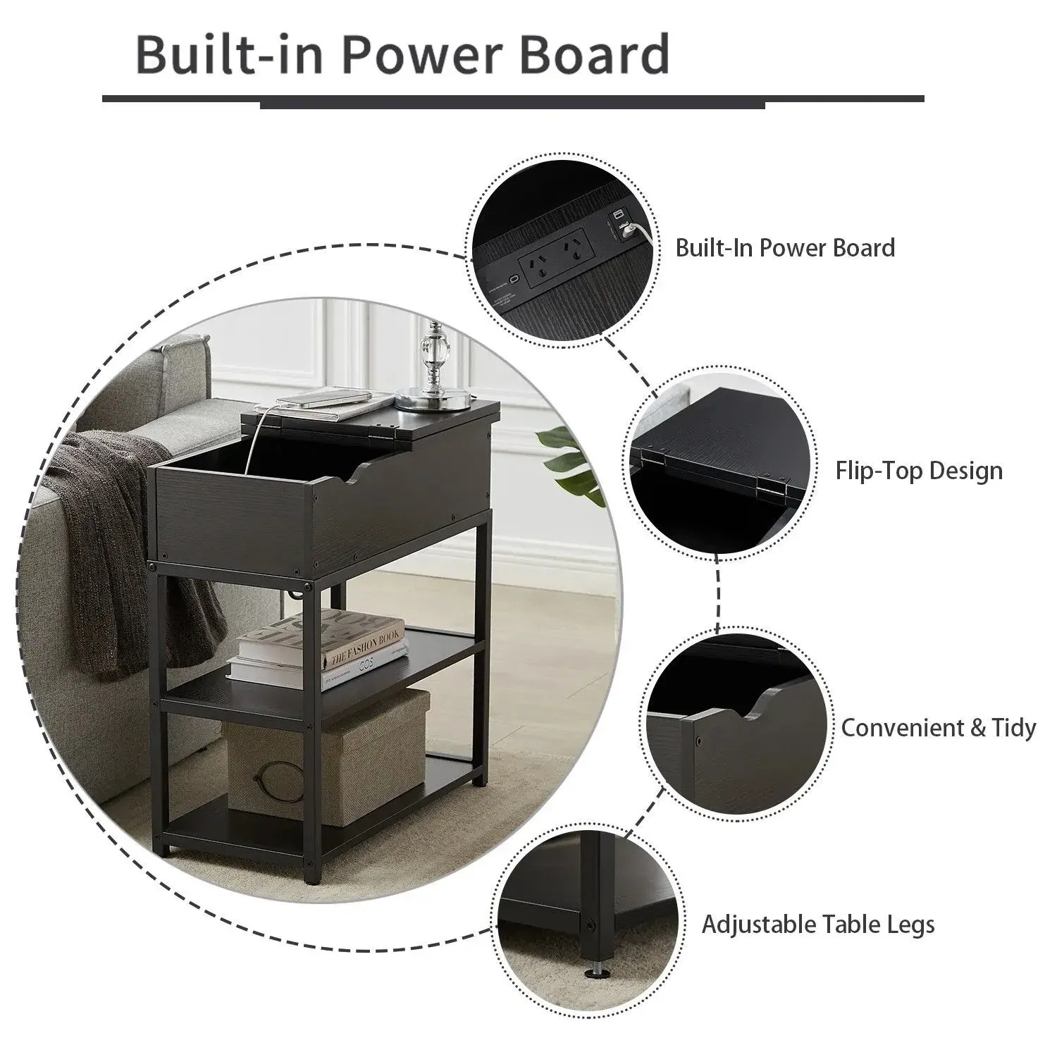 Compact 3-Tier Sofa Side Table with Powerboard, Black Price