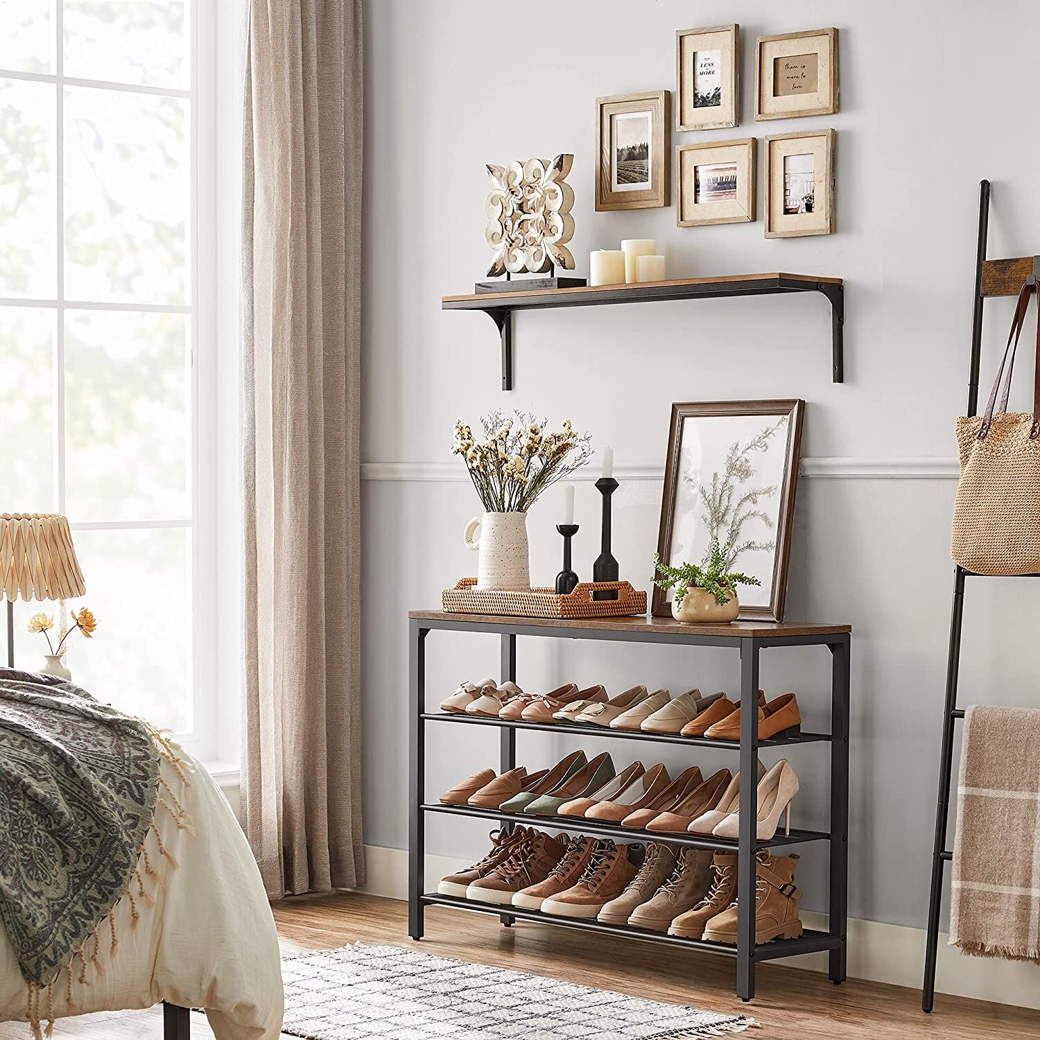 Shoe Rack with 3 Mesh Shelves Rustic Brown and Black Price