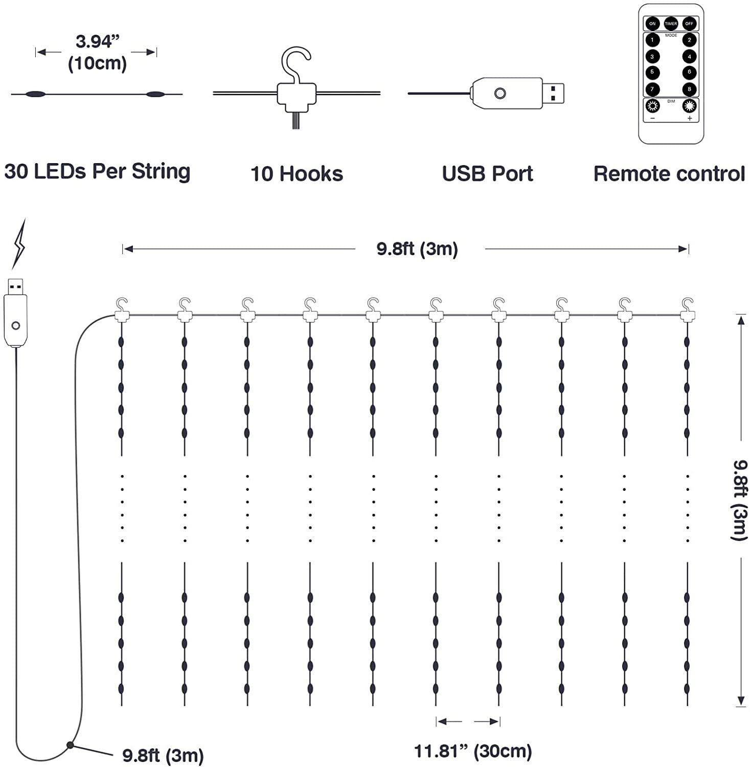 USB Powered 300 LED Curtain String Light with 8 Modes and Remote Control for Bedroom Party Wedding Decorations Price